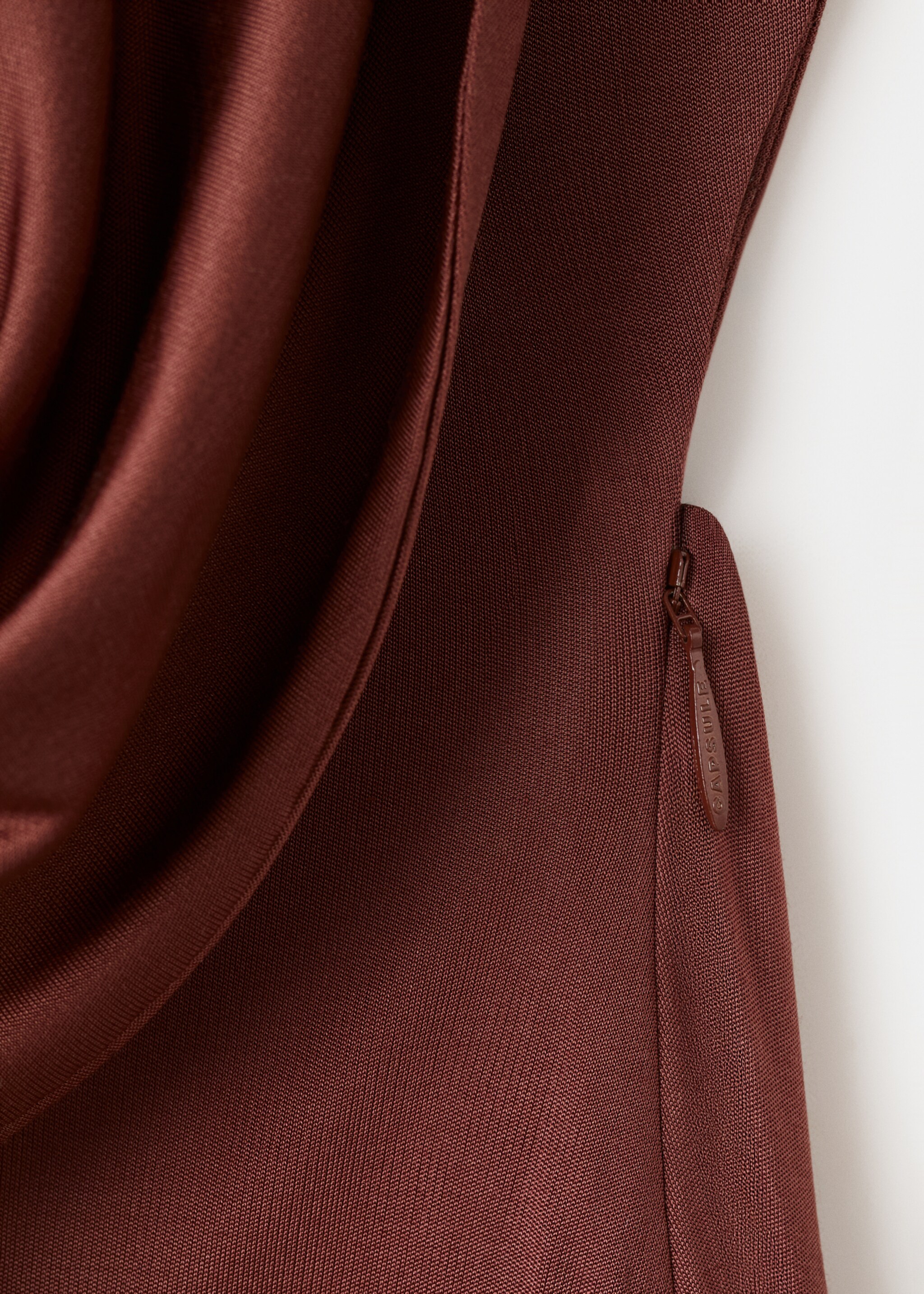 Satin knit dress with a draped neckline - Details of the article 8, Brown. Ref: 27085987-00.