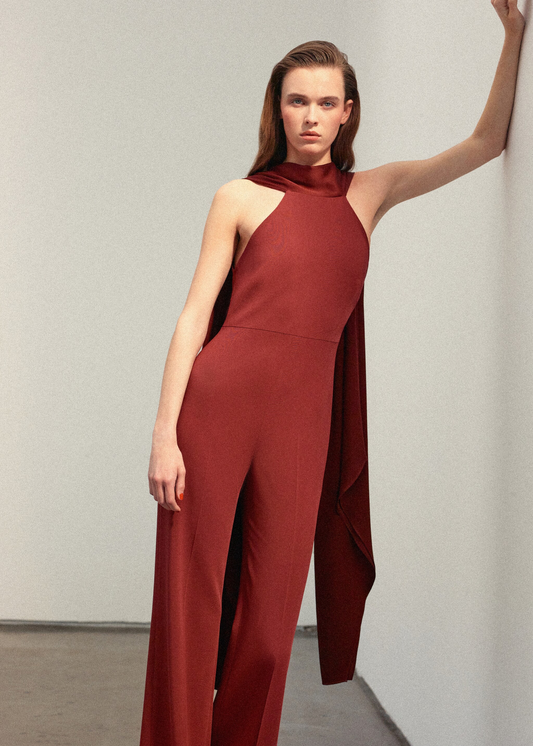 Halter neck jumpsuit with combined detailing - Medium plane, Burnt Orange. Ref: 27085992-00.