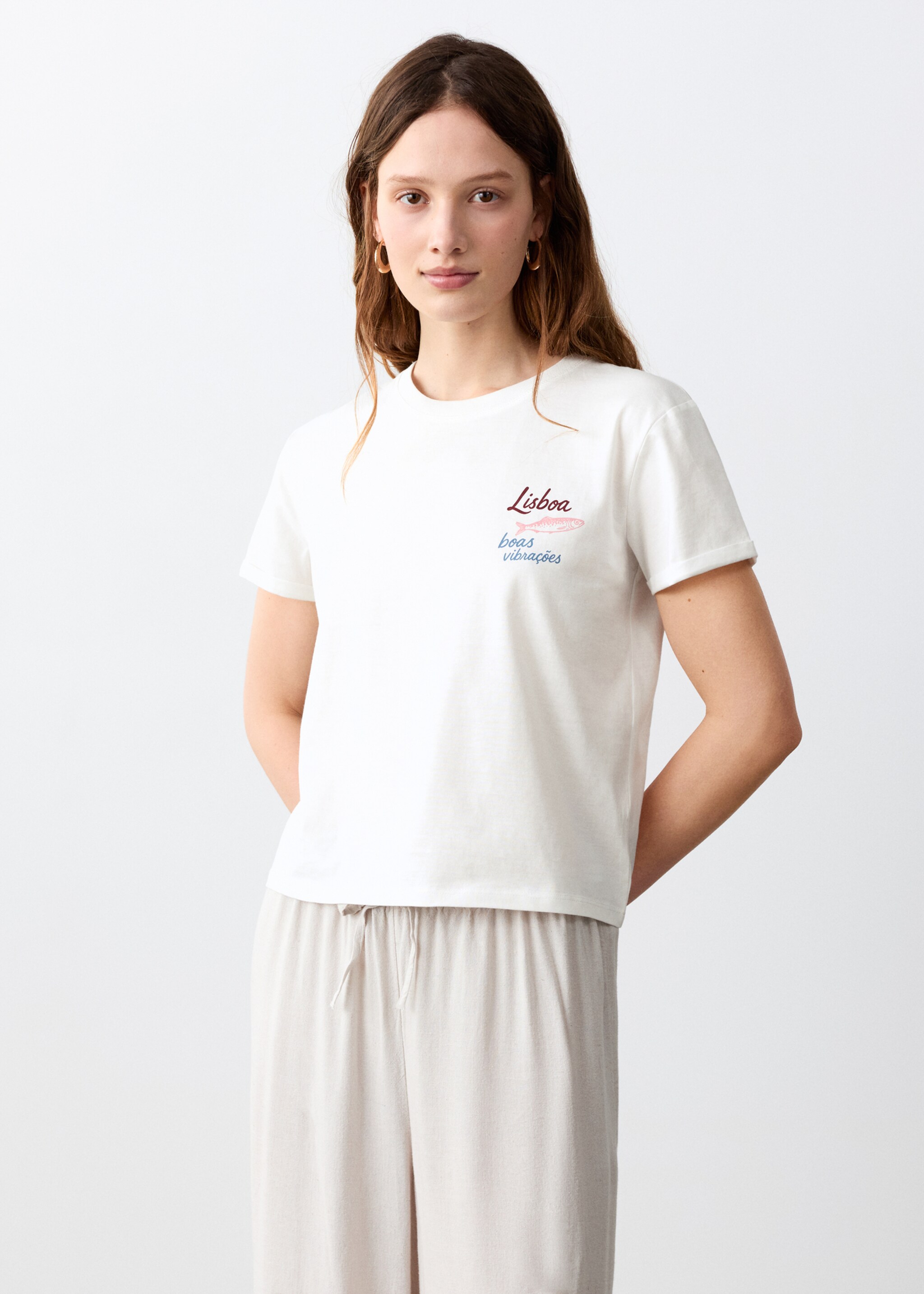 T-shirt de algodão estampado - Plano médio, Branco-pérola. Ref: 27086354-00.