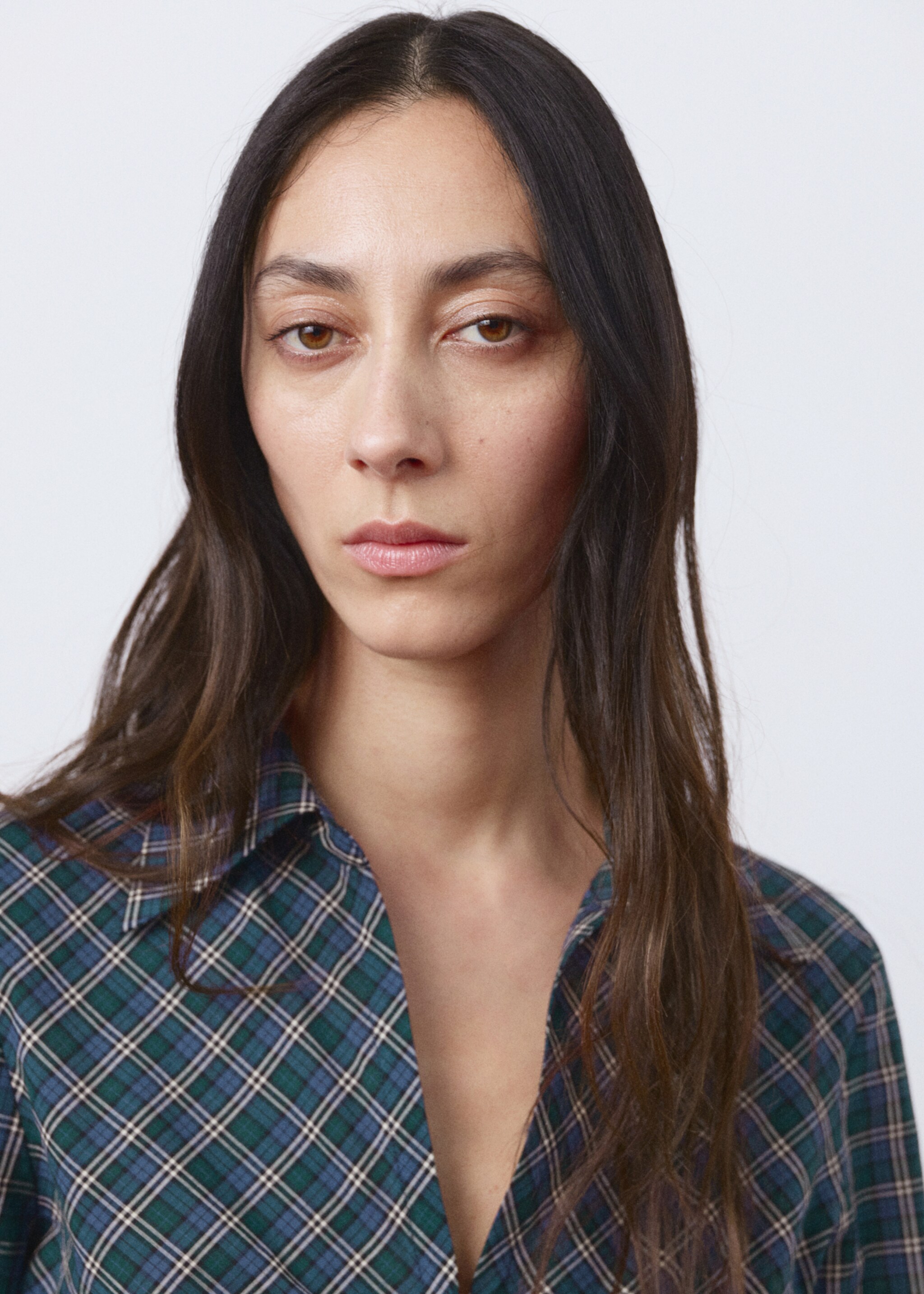 Gathered check blouse - Details of the article 1, Blue. Ref: 27086361-00.