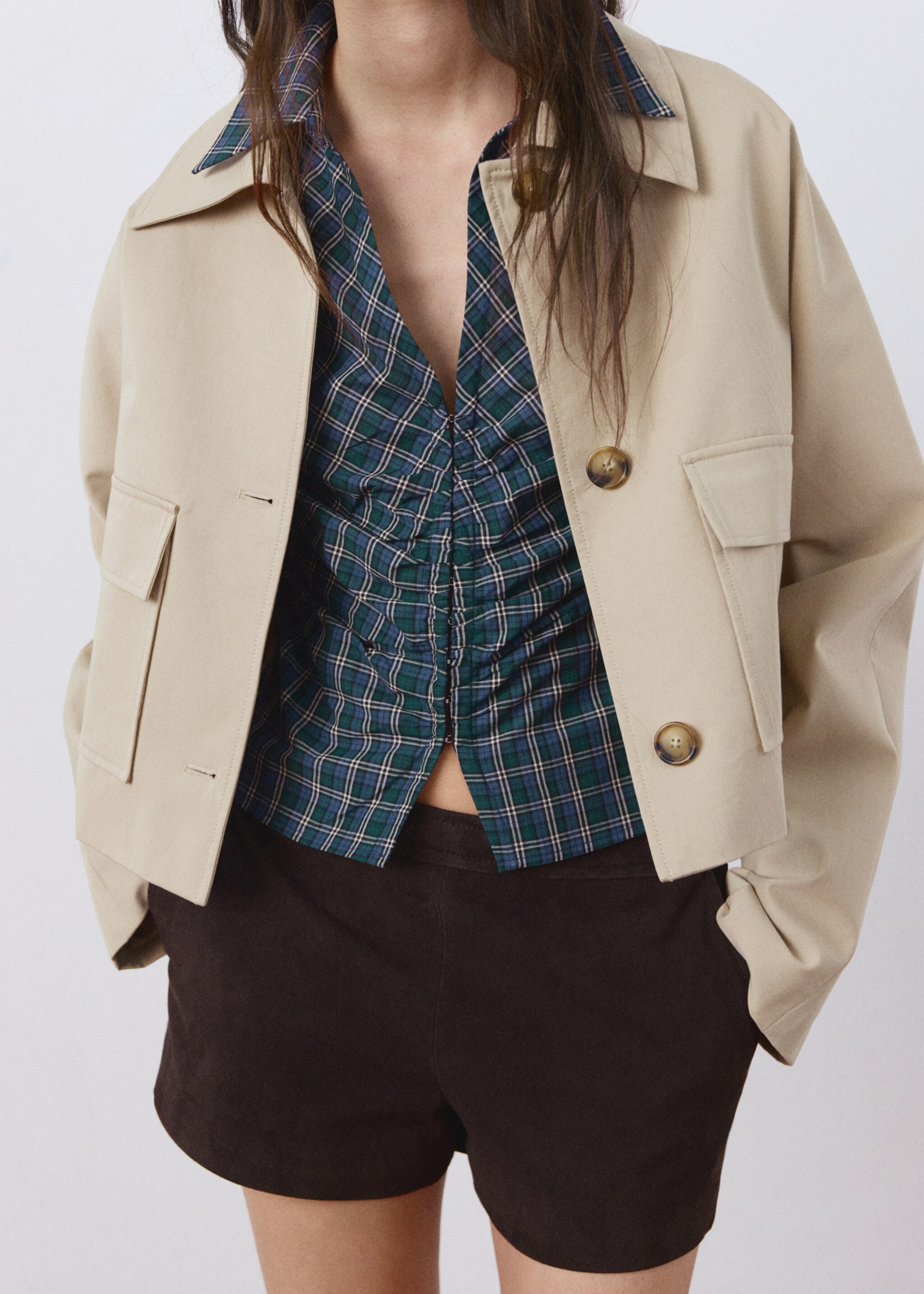 Gathered check blouse - Details of the article 6, Blue. Ref: 27086361-00.