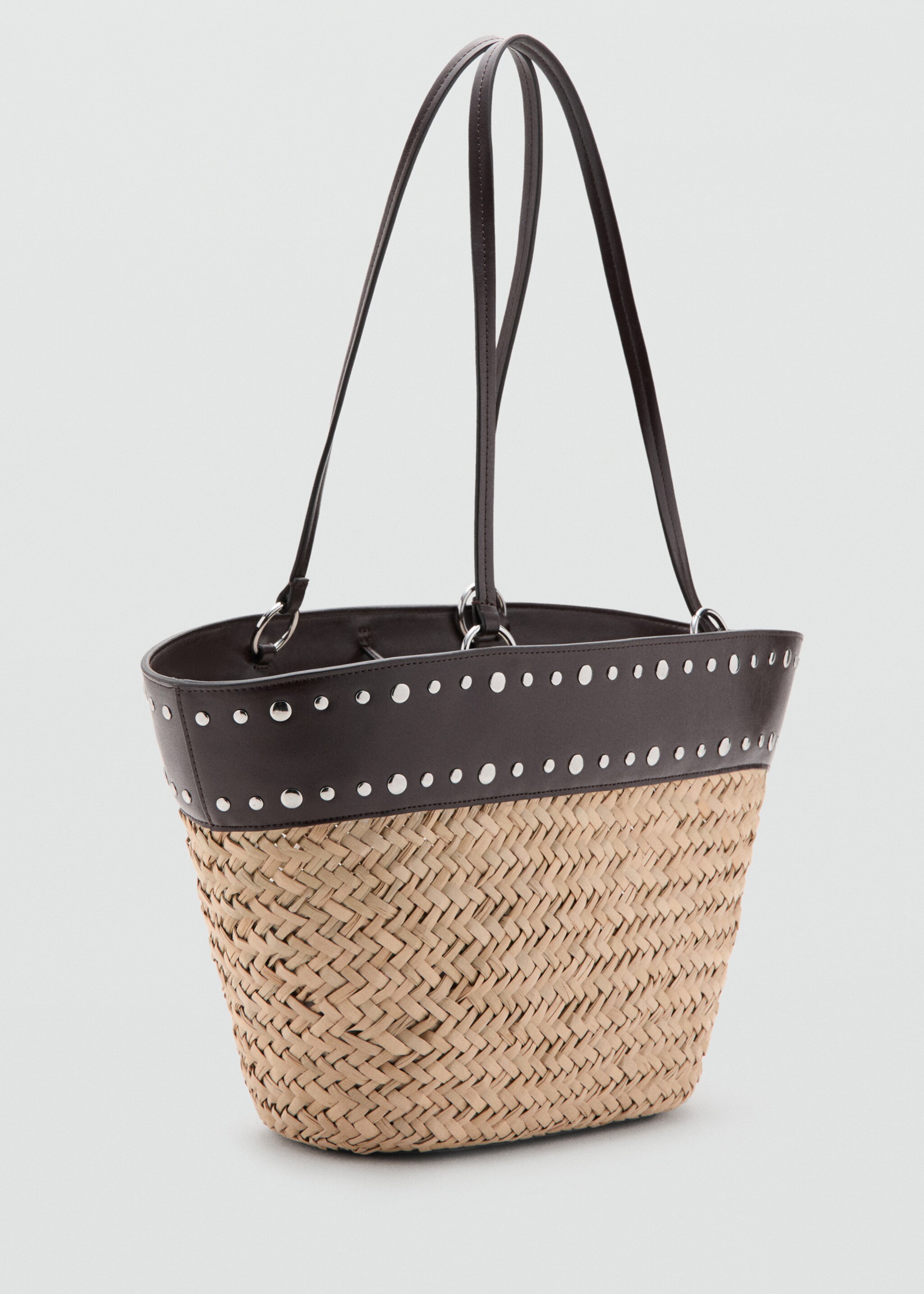 Raffia shopper bag with studs - Medium plane, Chocolate. Ref: 27086709-00.