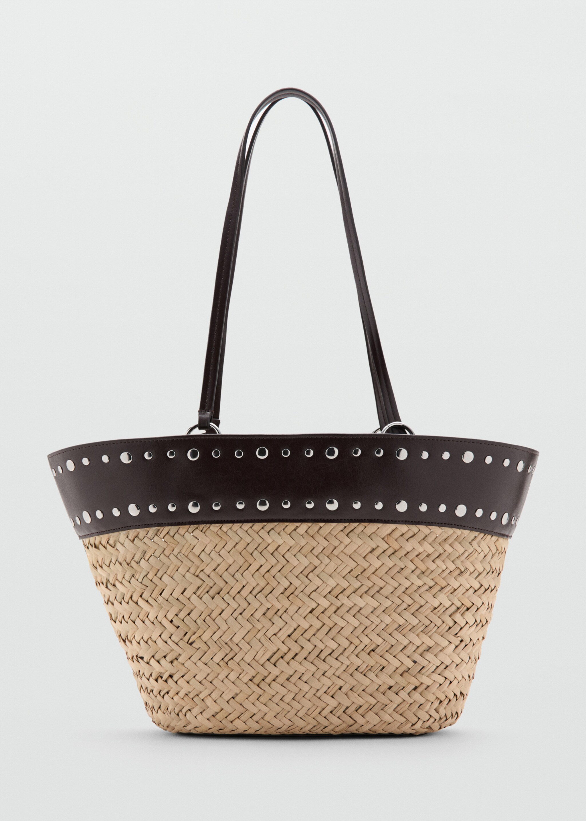 Raffia shopper bag with studs - Article without model, Chocolate. Ref: 27086709-00.