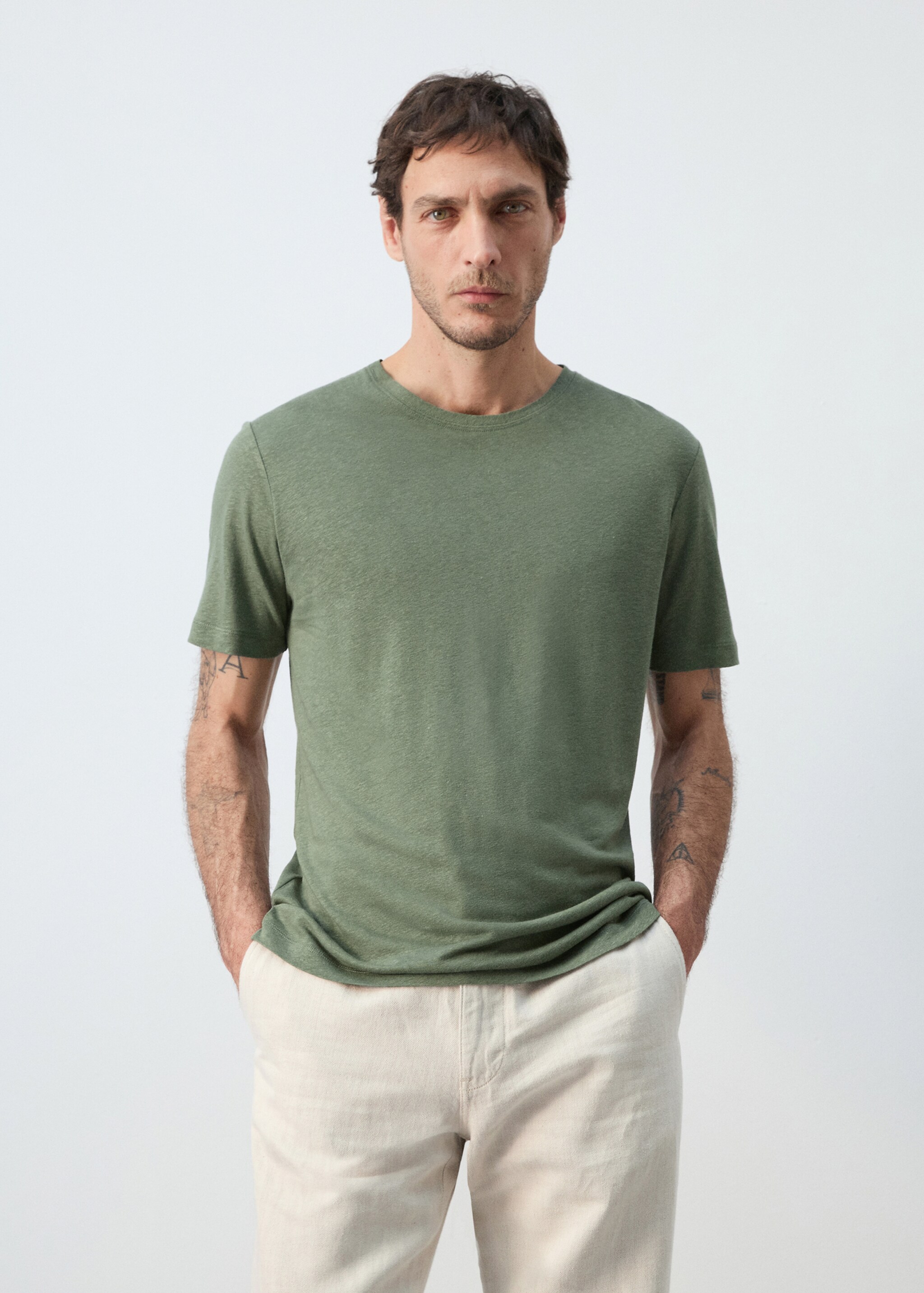 T-shirt lin slim-fit - Plan moyen, Vert forêt. Ref: 27087895-00.
