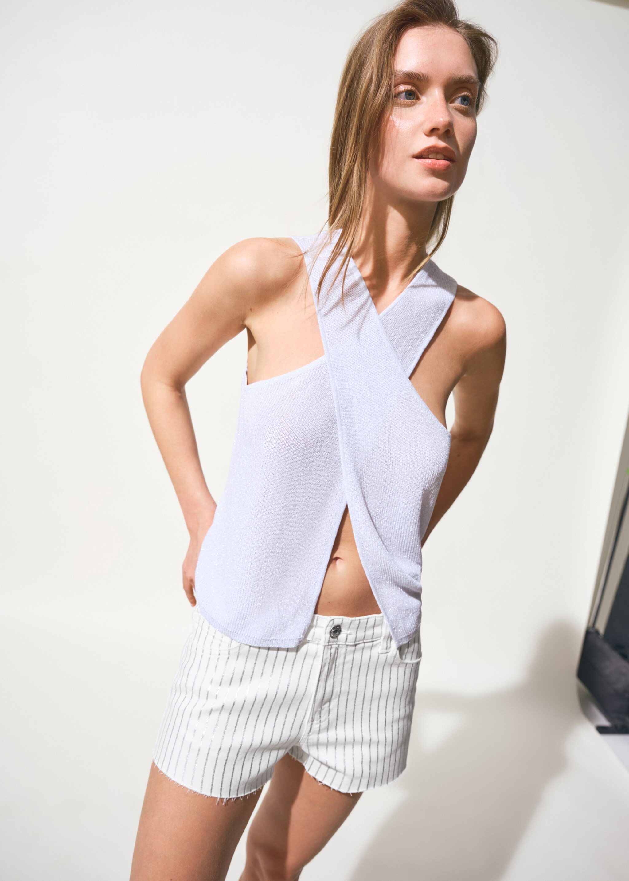 Striped denim shorts - Medium plane, White. Ref: 27087898-00.