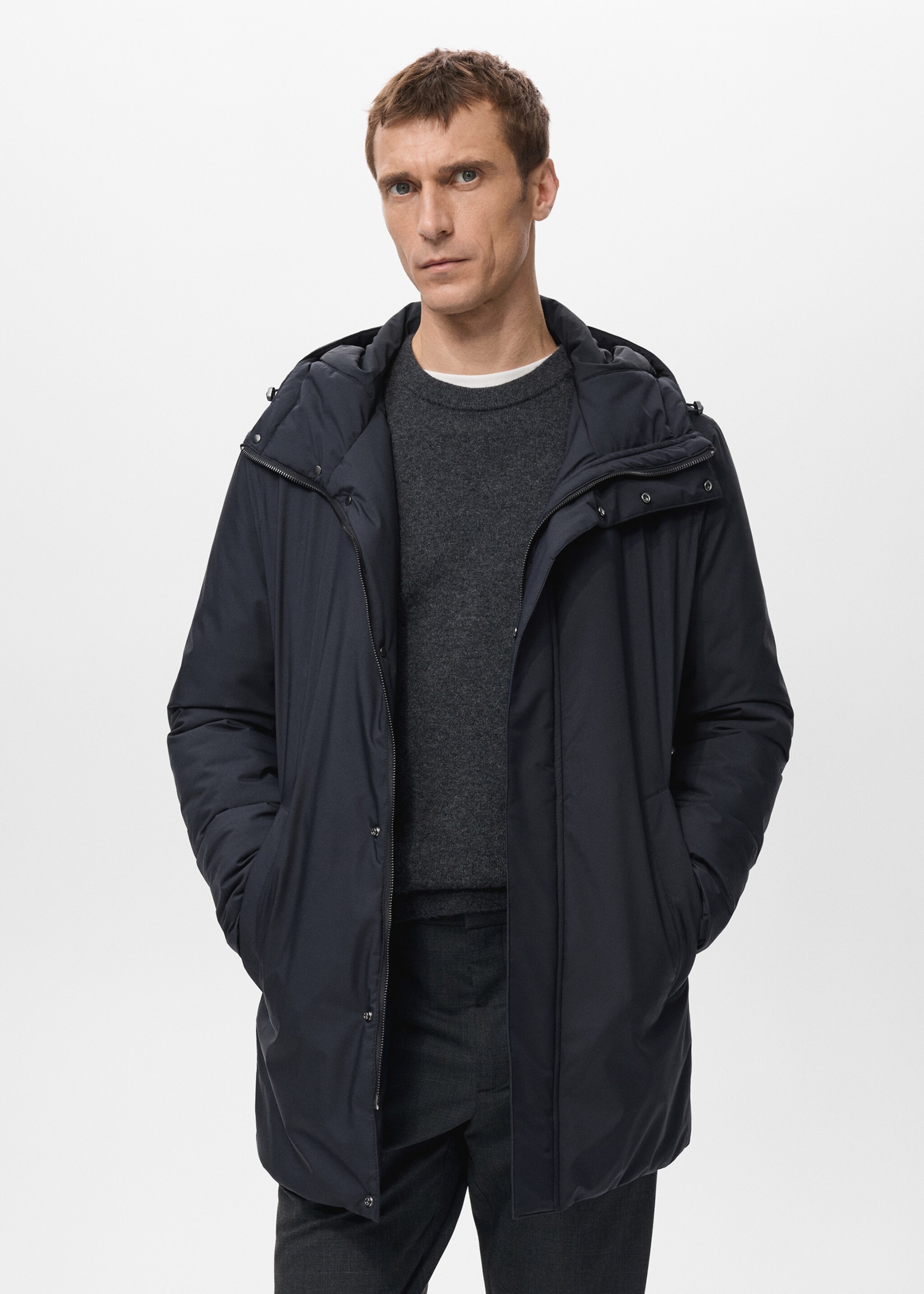 Detachable Water Repellent Padded Parka - Details of the article 2, Navy. Ref: 27091171-00.