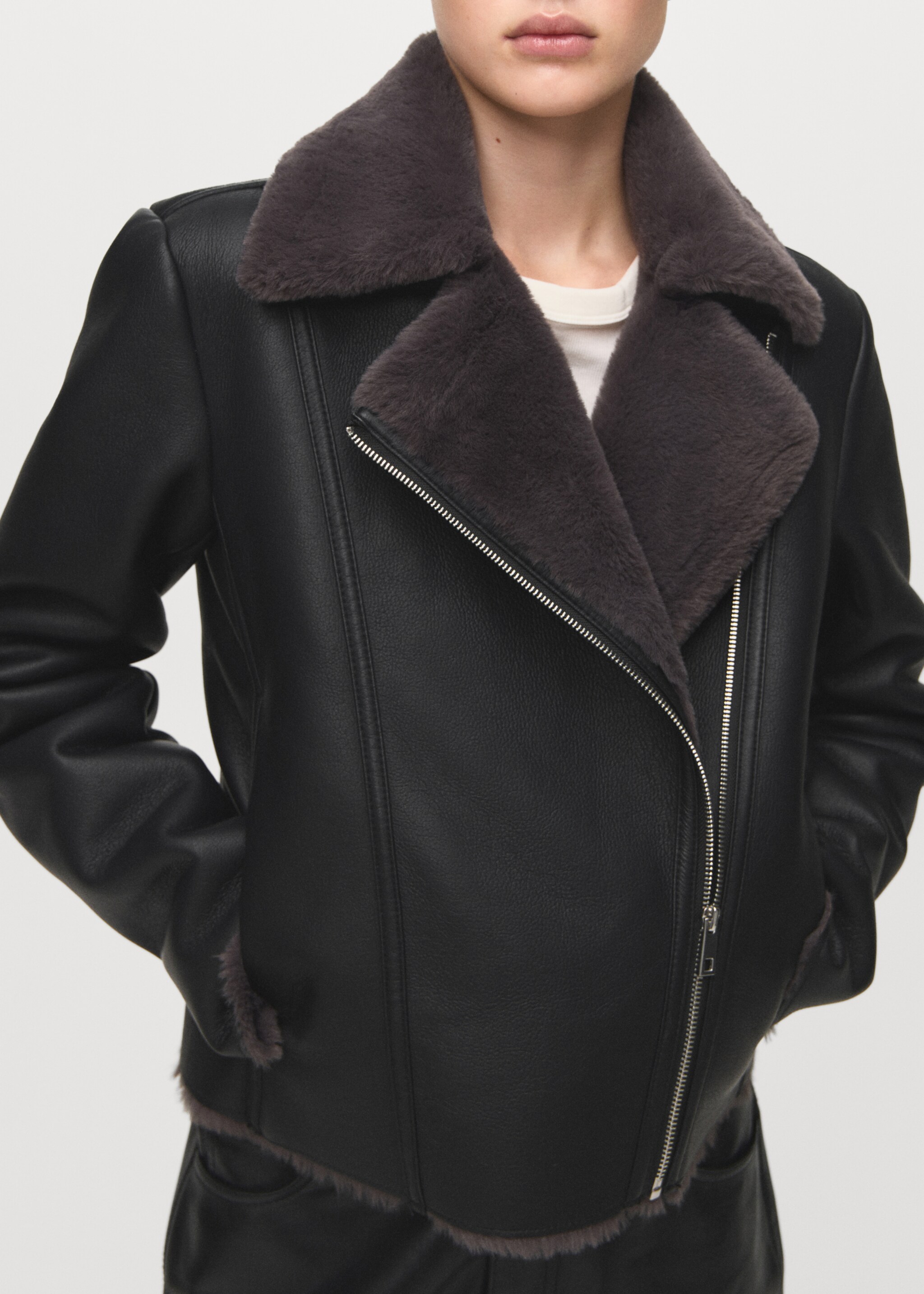 Faux fur biker jacket - Details of the article 1, Black. Ref: 27091187-00.