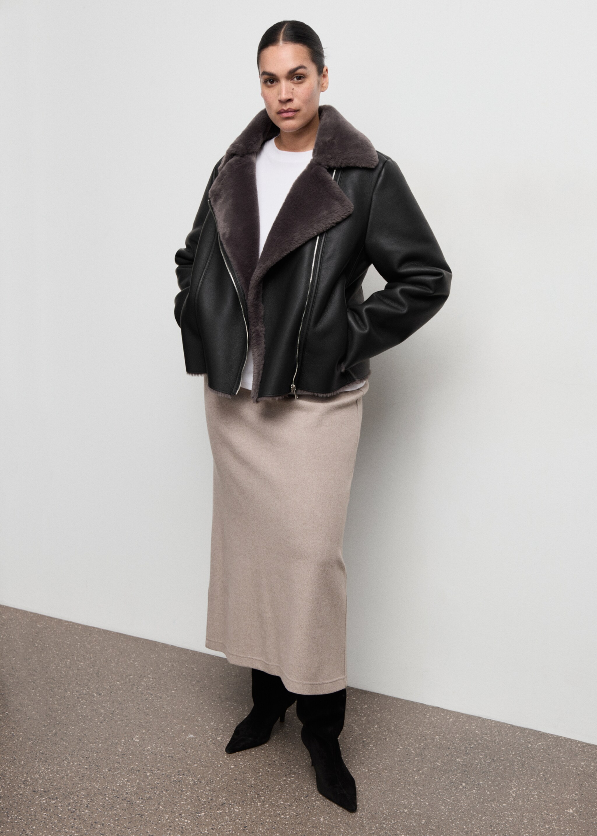 Faux fur biker jacket - Details of the article 3, Black. Ref: 27091187-00.