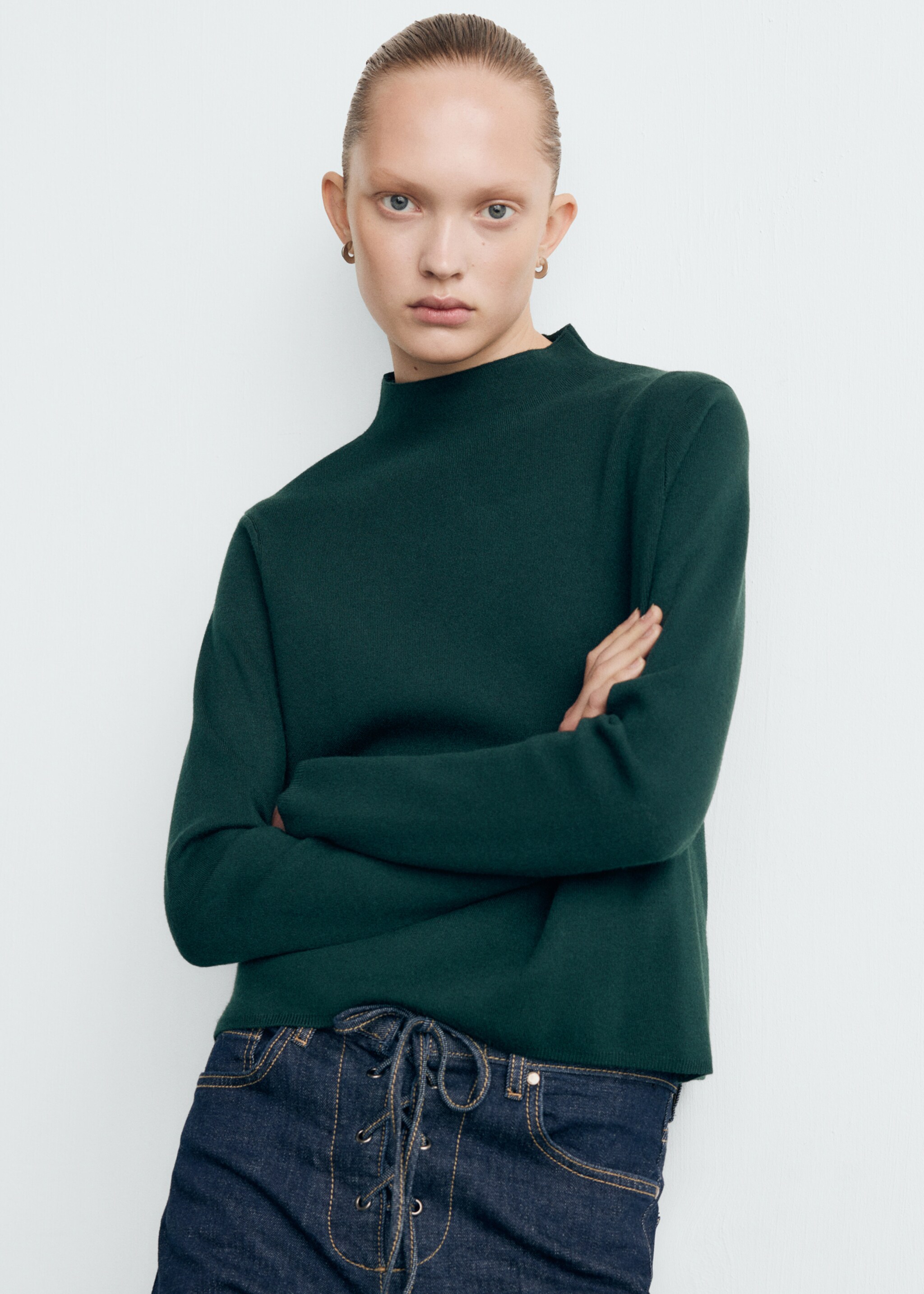 Knitted sweater with perkins neck - Medium plane, Dark Green. Ref: 27091224-00.