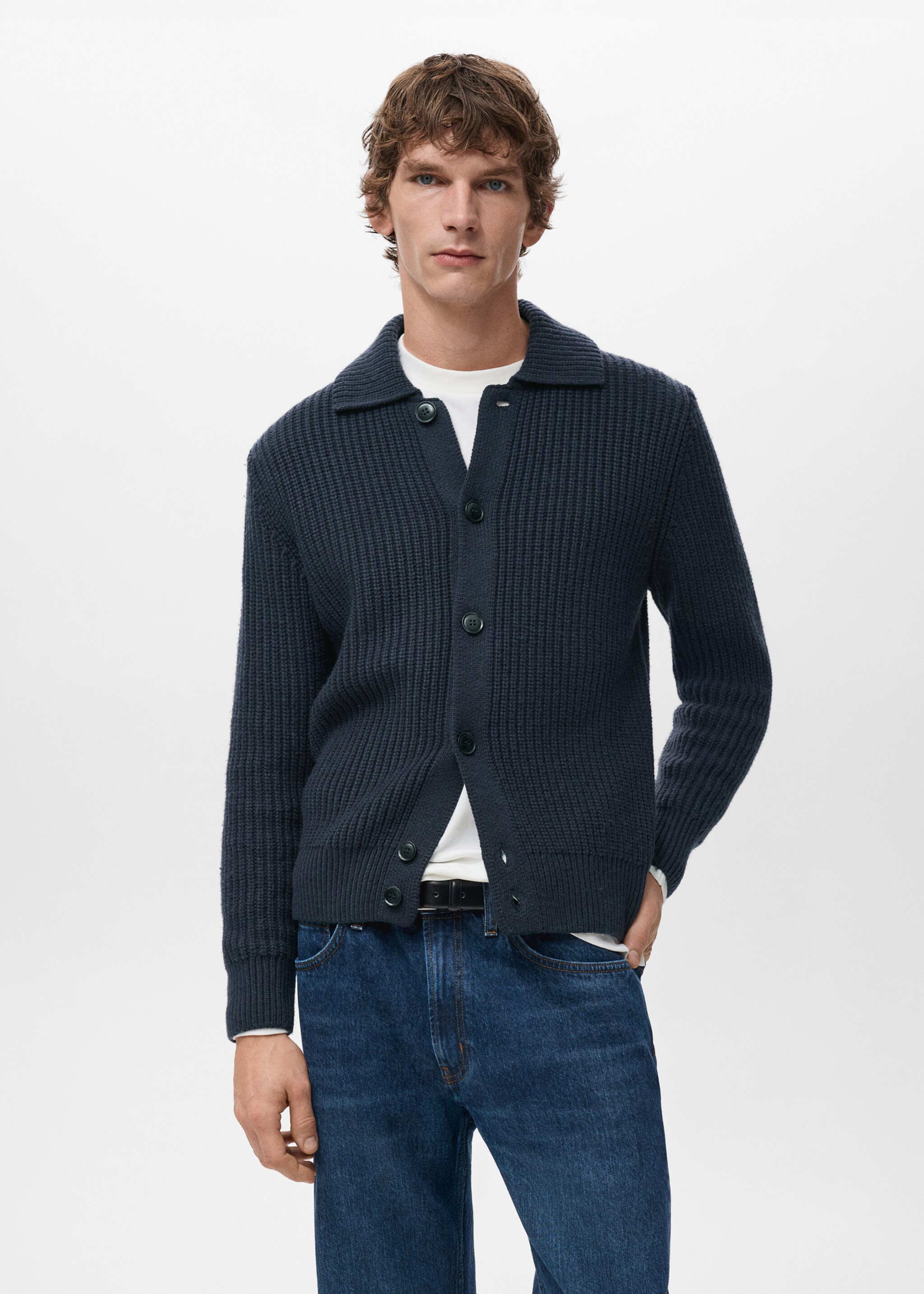 Structured wool-blend cardigan - Medium plane, Navy. Ref: 27091250-00.