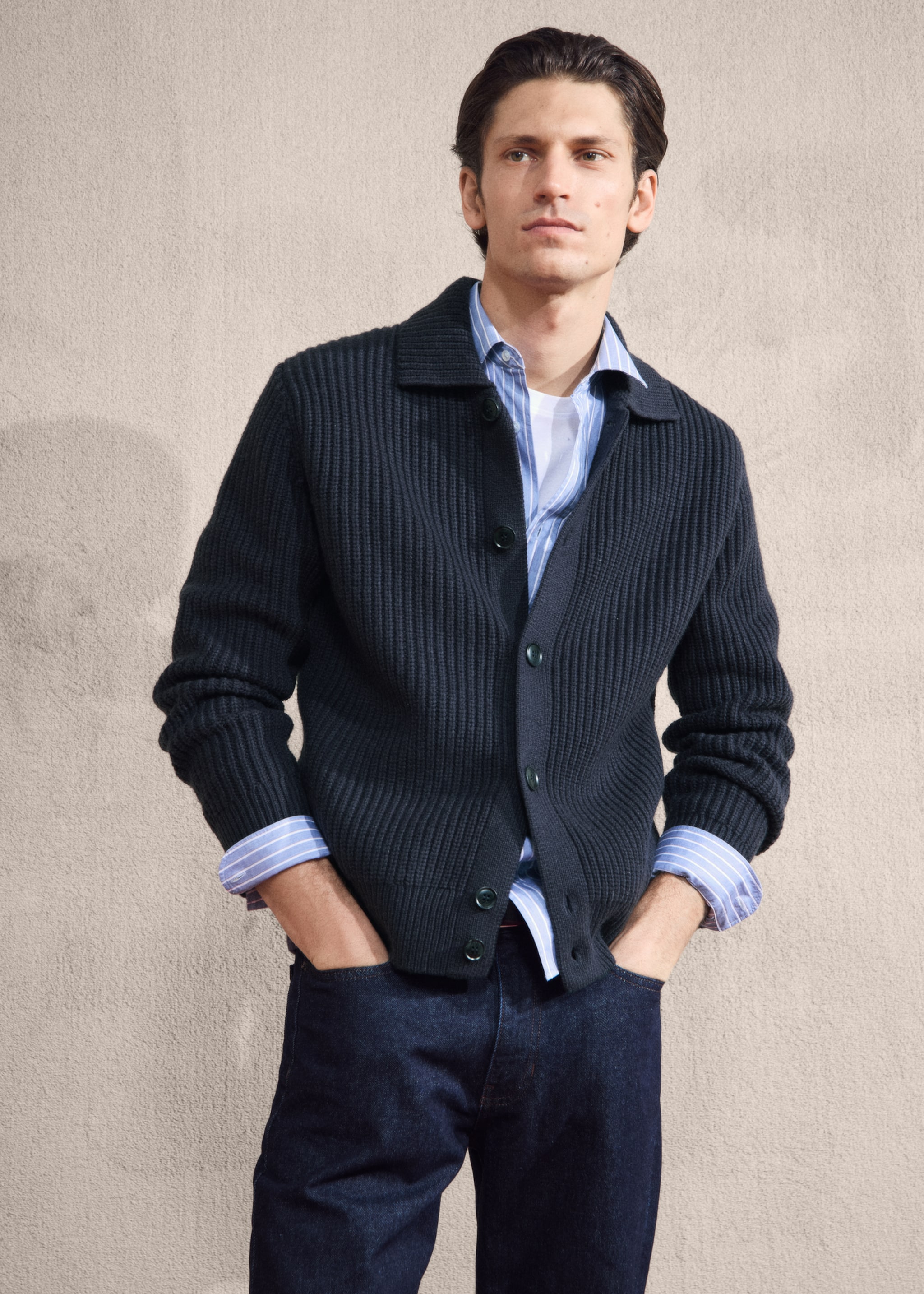 Cardigan structurat din lână amestec - Detaliu al articolului 3, Bleumarin. Ref: 27091250-00.