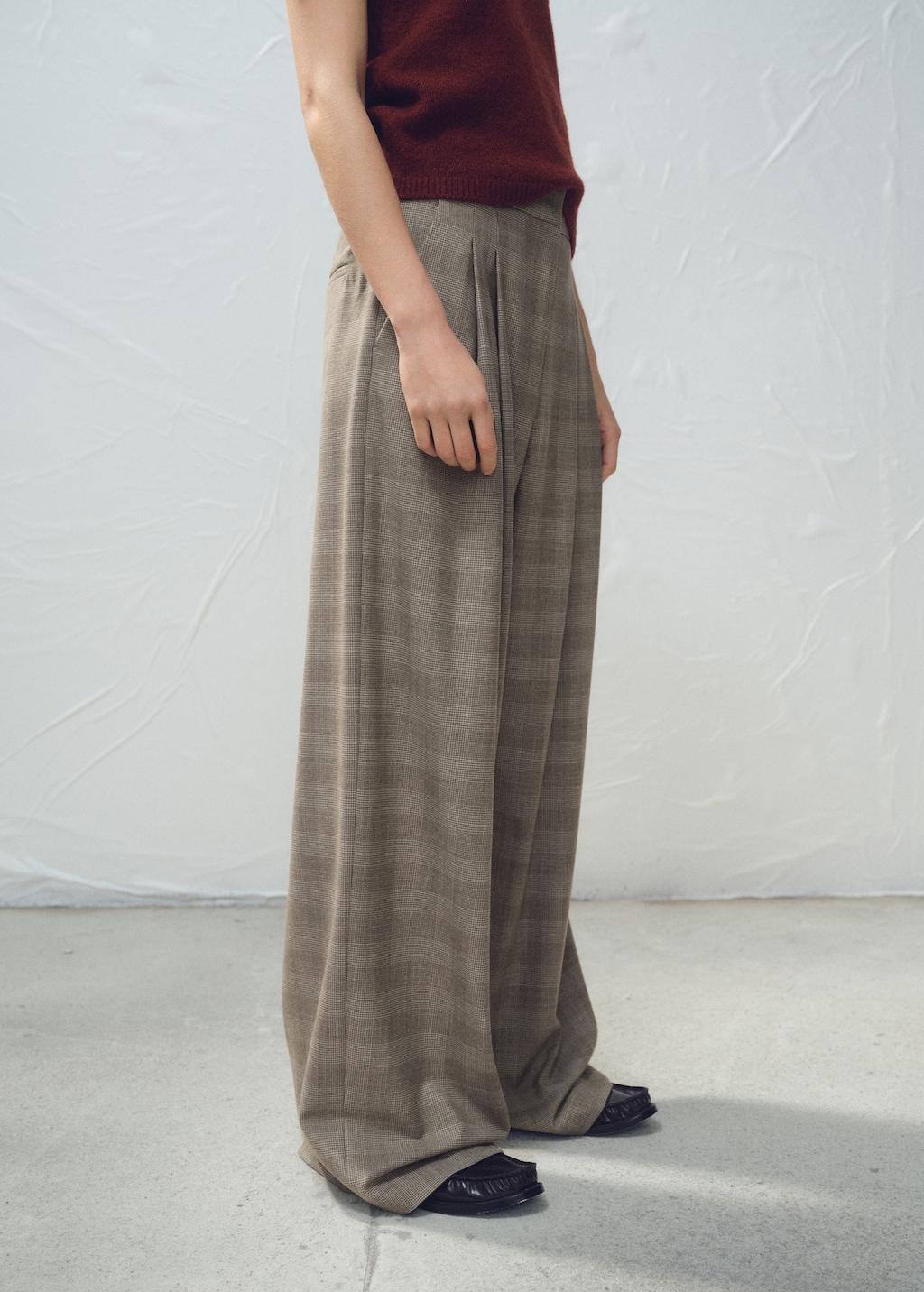 Wide leg check suit trousers
