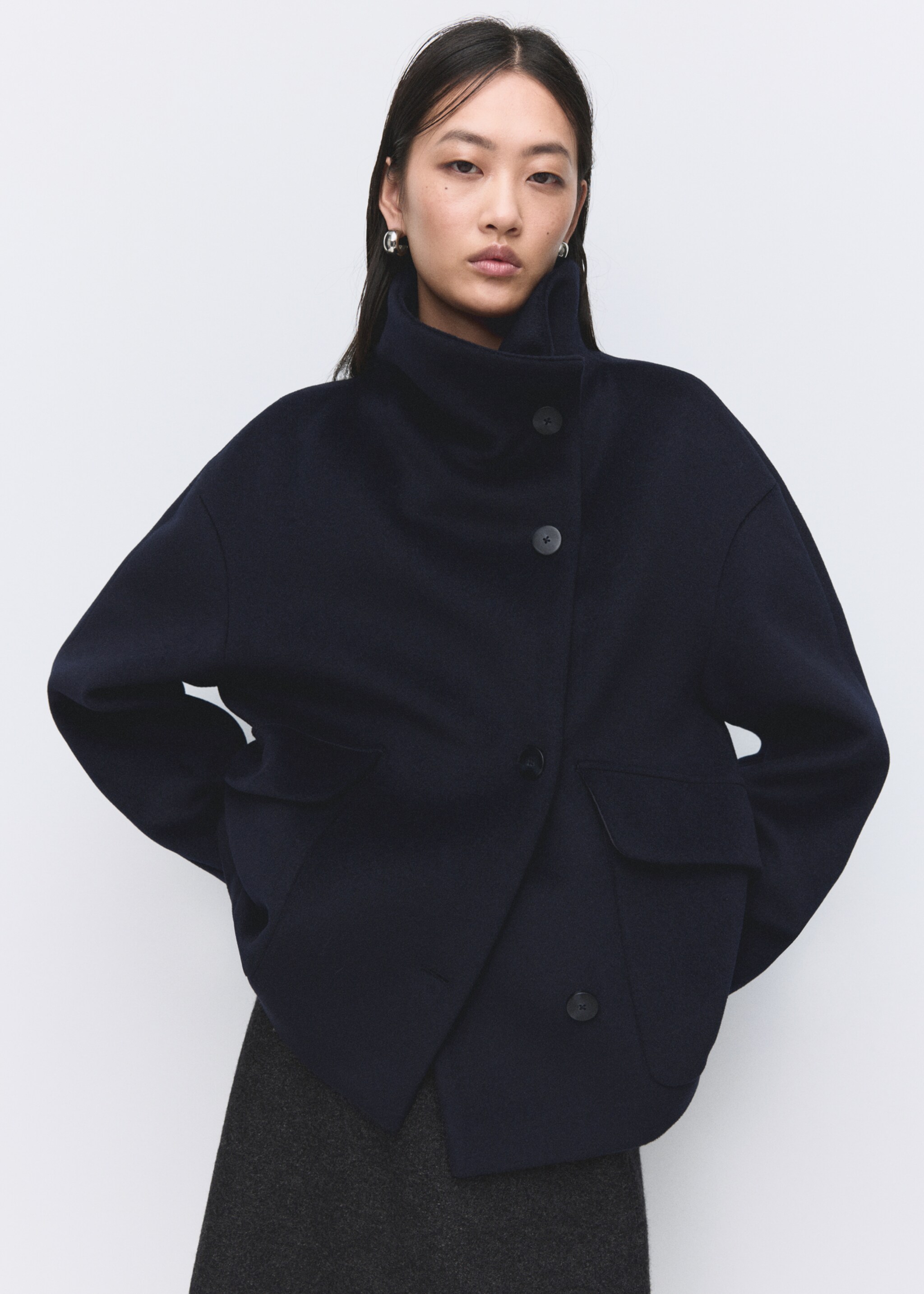 Wool funnel-neck coat - Medium plane, Navy. Ref: 27091271-00.