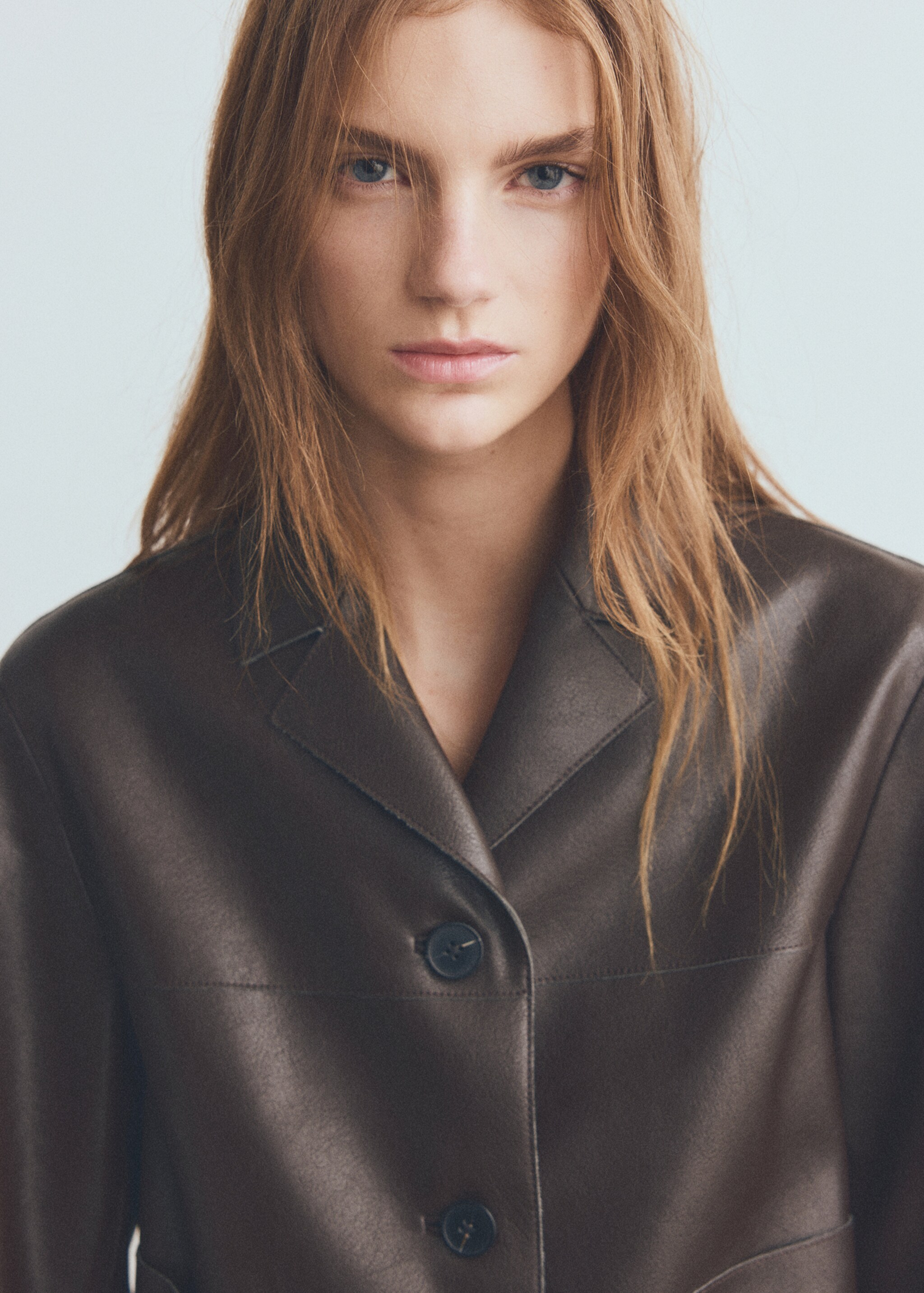 Faux leather effect jacket with pockets - Details of the article 1, Chocolate. Ref: 27091329-00.