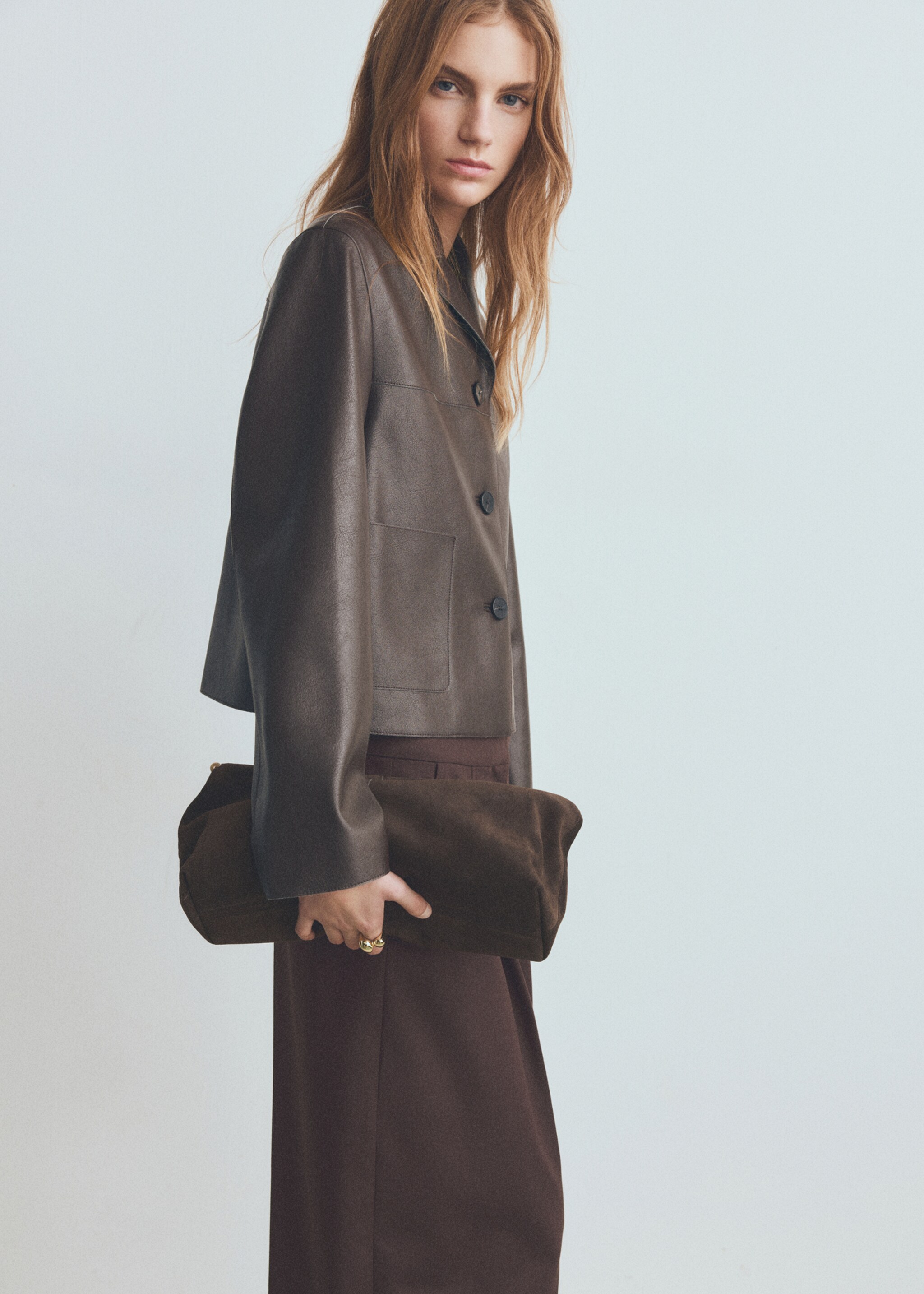 Faux leather effect jacket with pockets - Details of the article 6, Chocolate. Ref: 27091329-00.