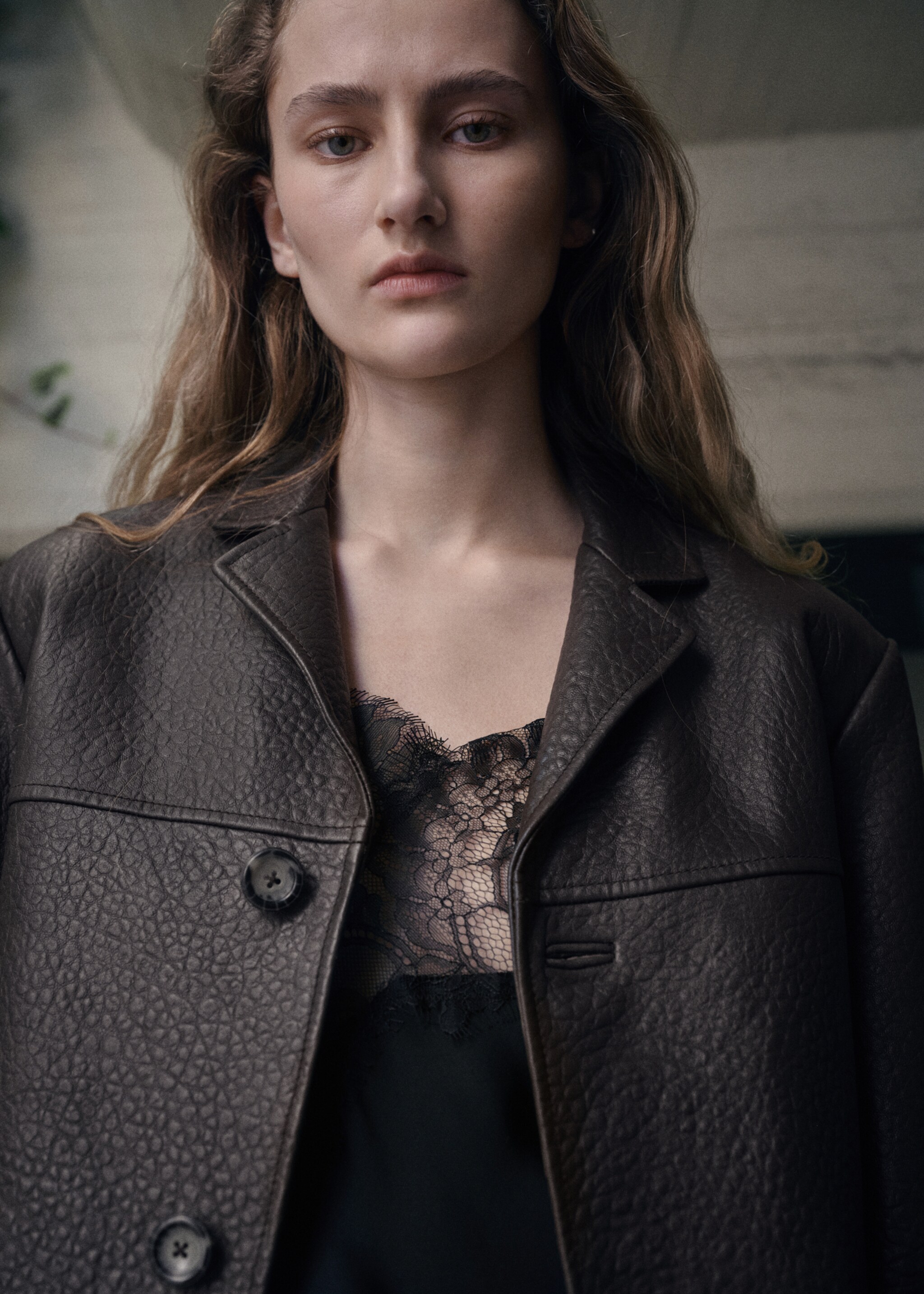 Leather jacket with buttons - Details of the article 1, Brown. Ref: 27091330-00.