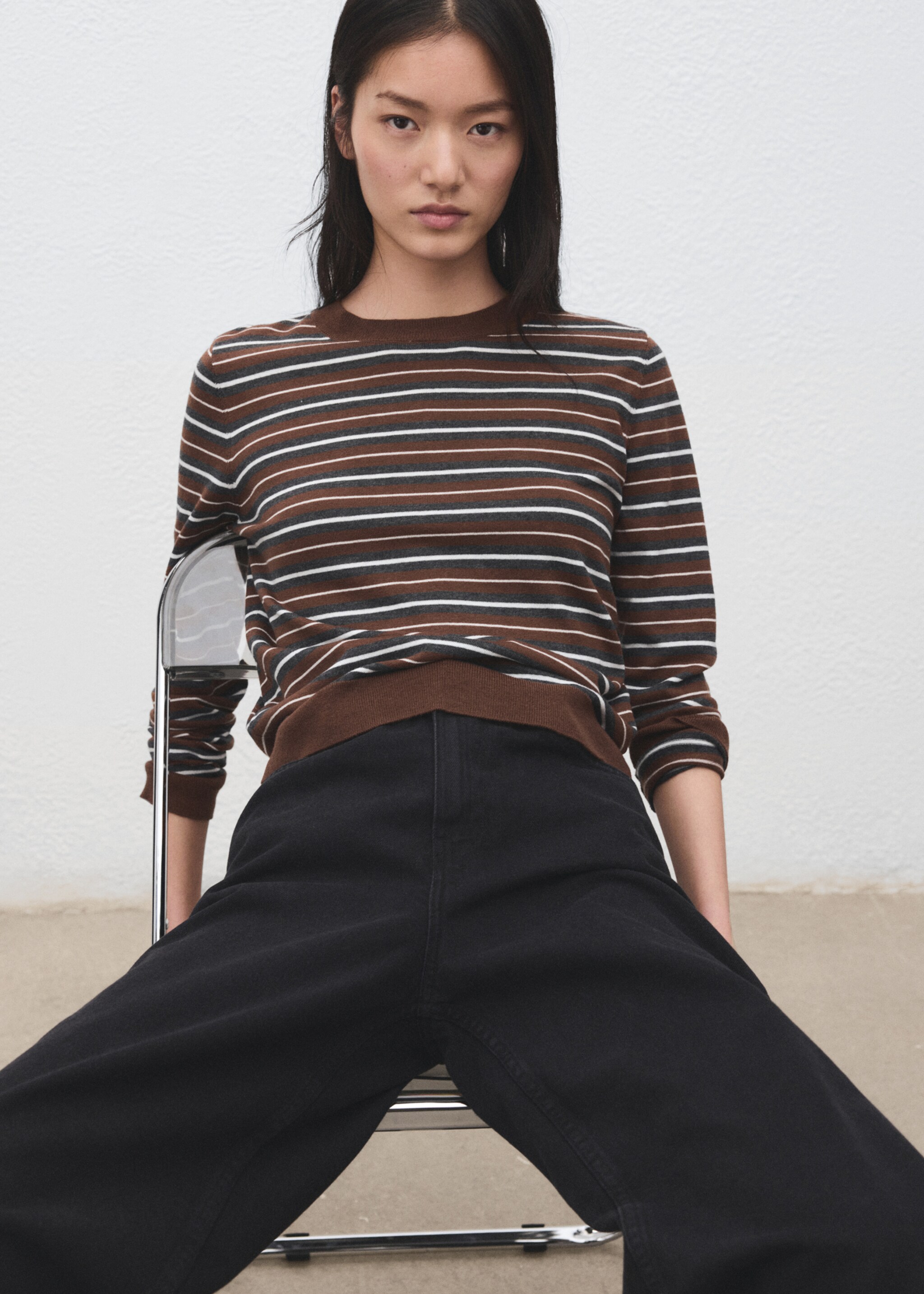 Knit striped sweater - Medium plane, Caramel. Ref: 27091334-00.