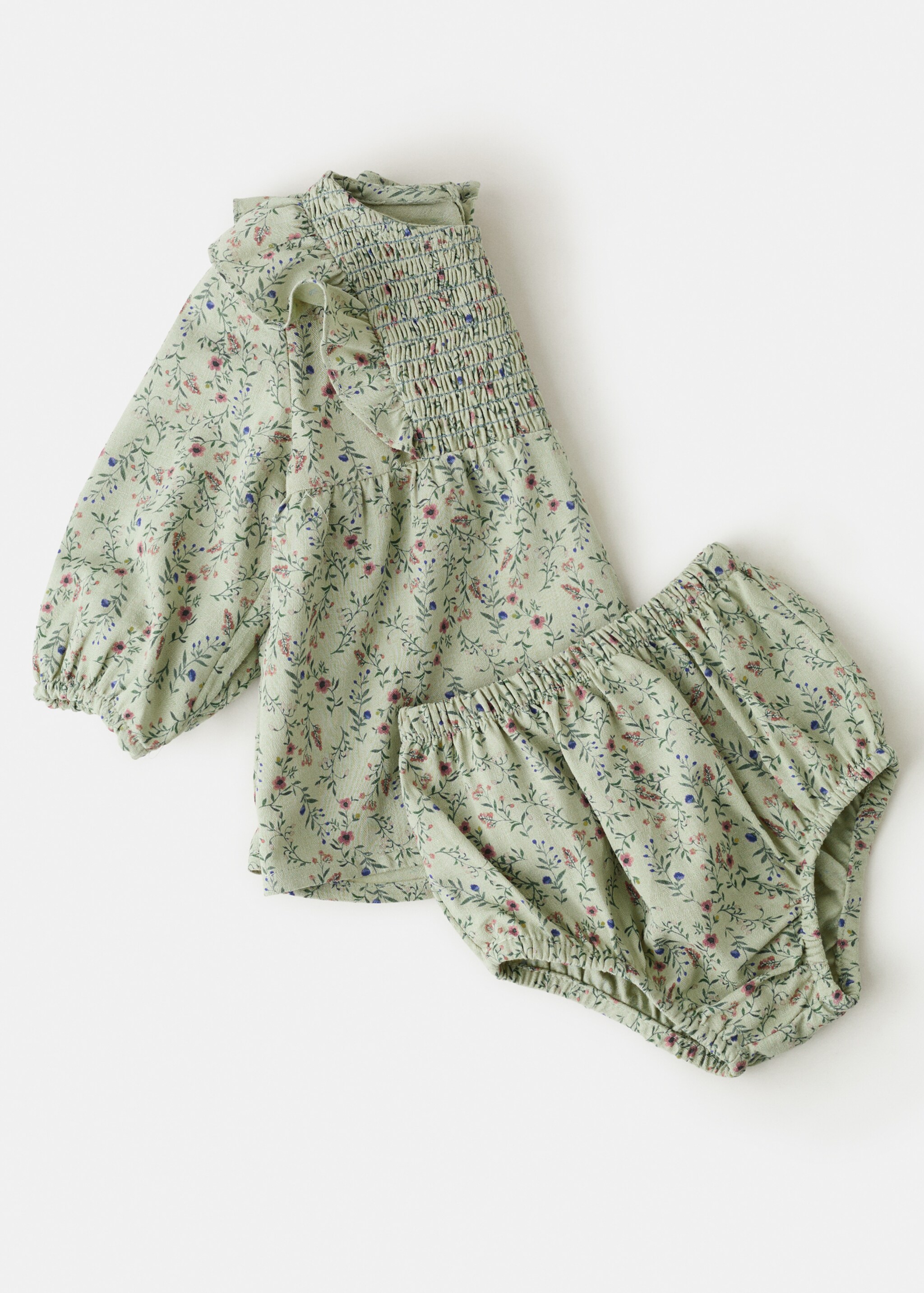 Jurk en romper met geborduurde bloemenmotieven - Detail van het artikel 0, Groen. Ref: 27091335-00.