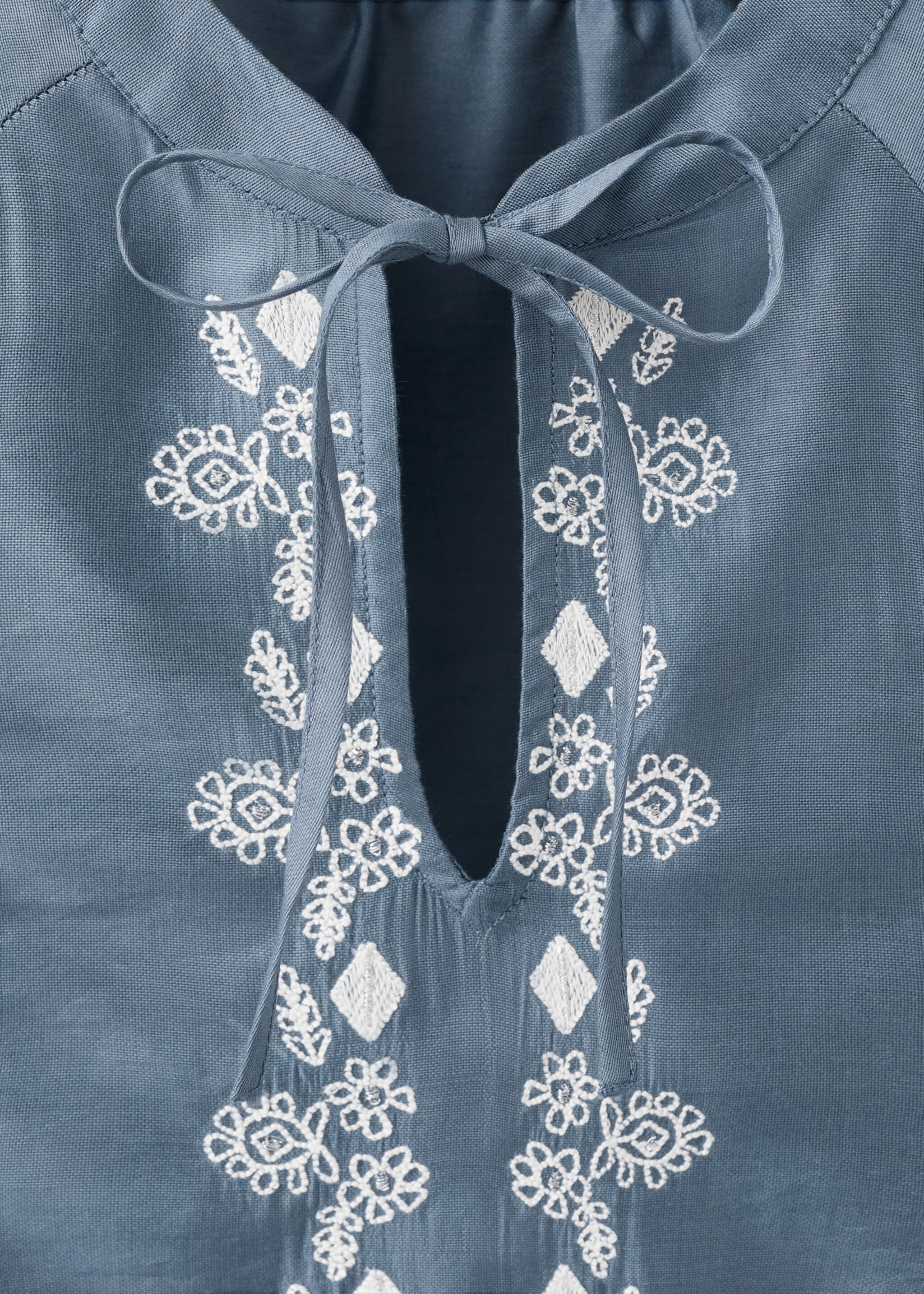 Embroidered blouse with bow - Details of the article 8, Sky Blue. Ref: 27091509-00.