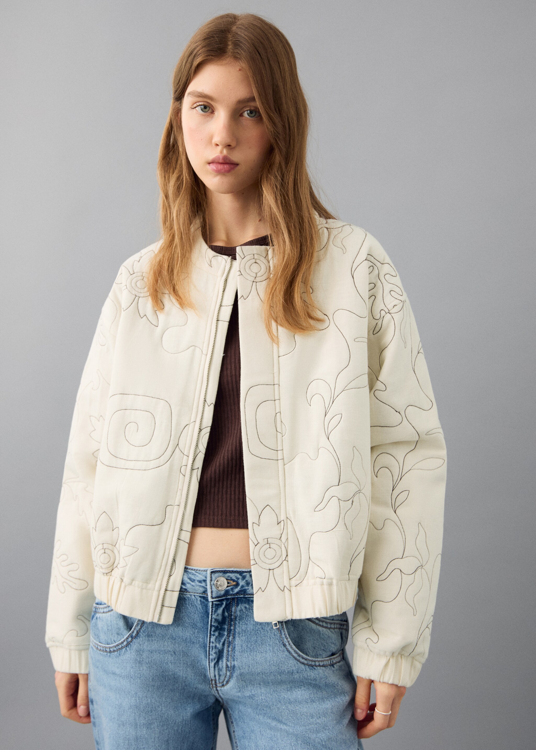 Embroidered quilted jacket - Medium plane, Beige. Ref: 27092547-00.