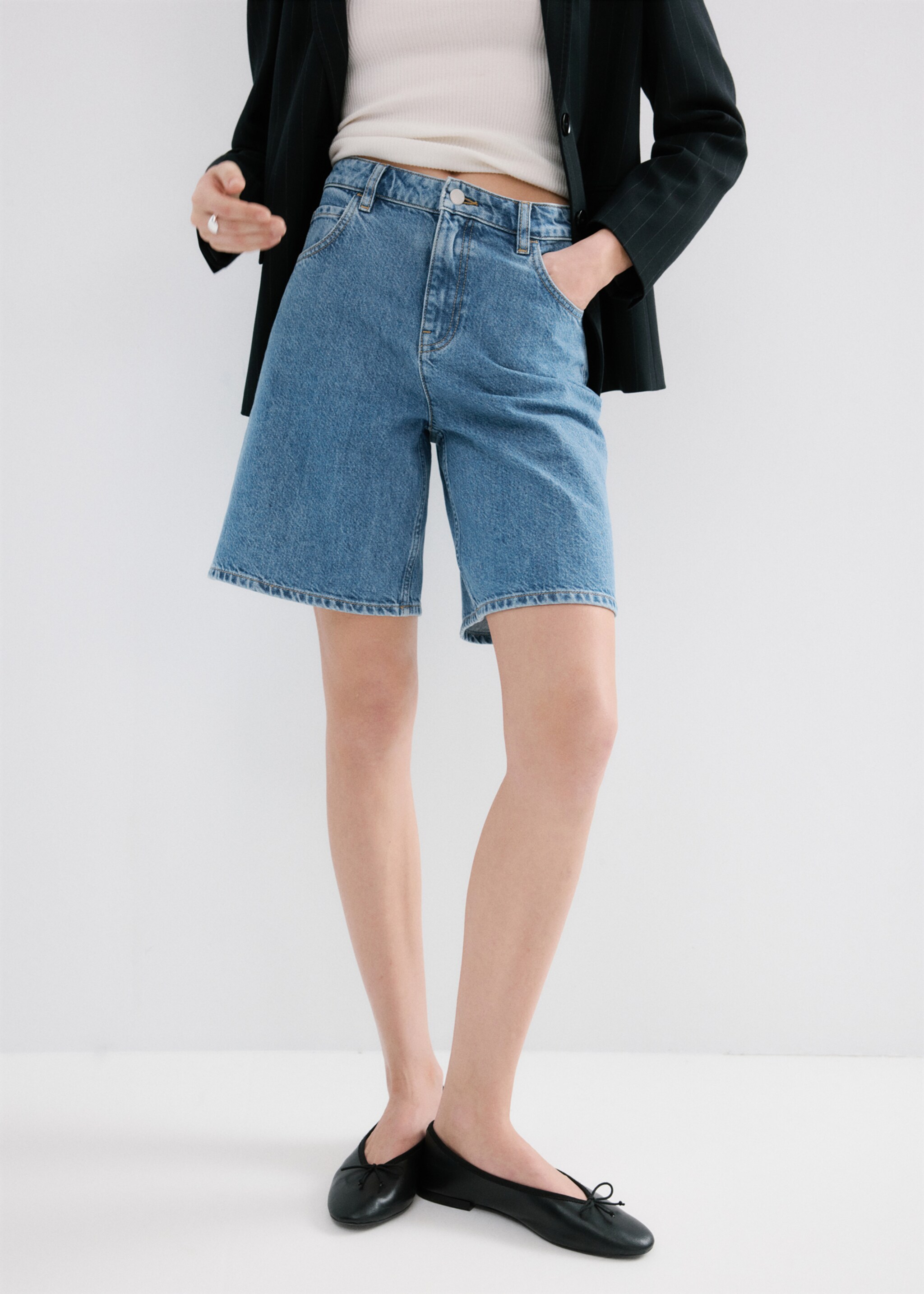 High-waist straight-fit denim shorts - Medium plane, Medium Blue. Ref: 27093279-00.