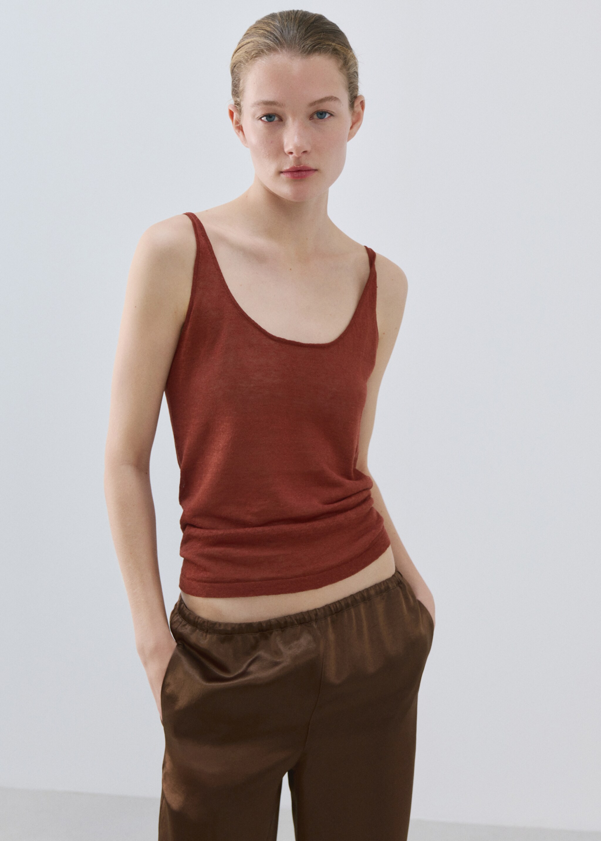 Satin trousers with elastic waist - Details of the article 1, Brown. Ref: 27093312-00.