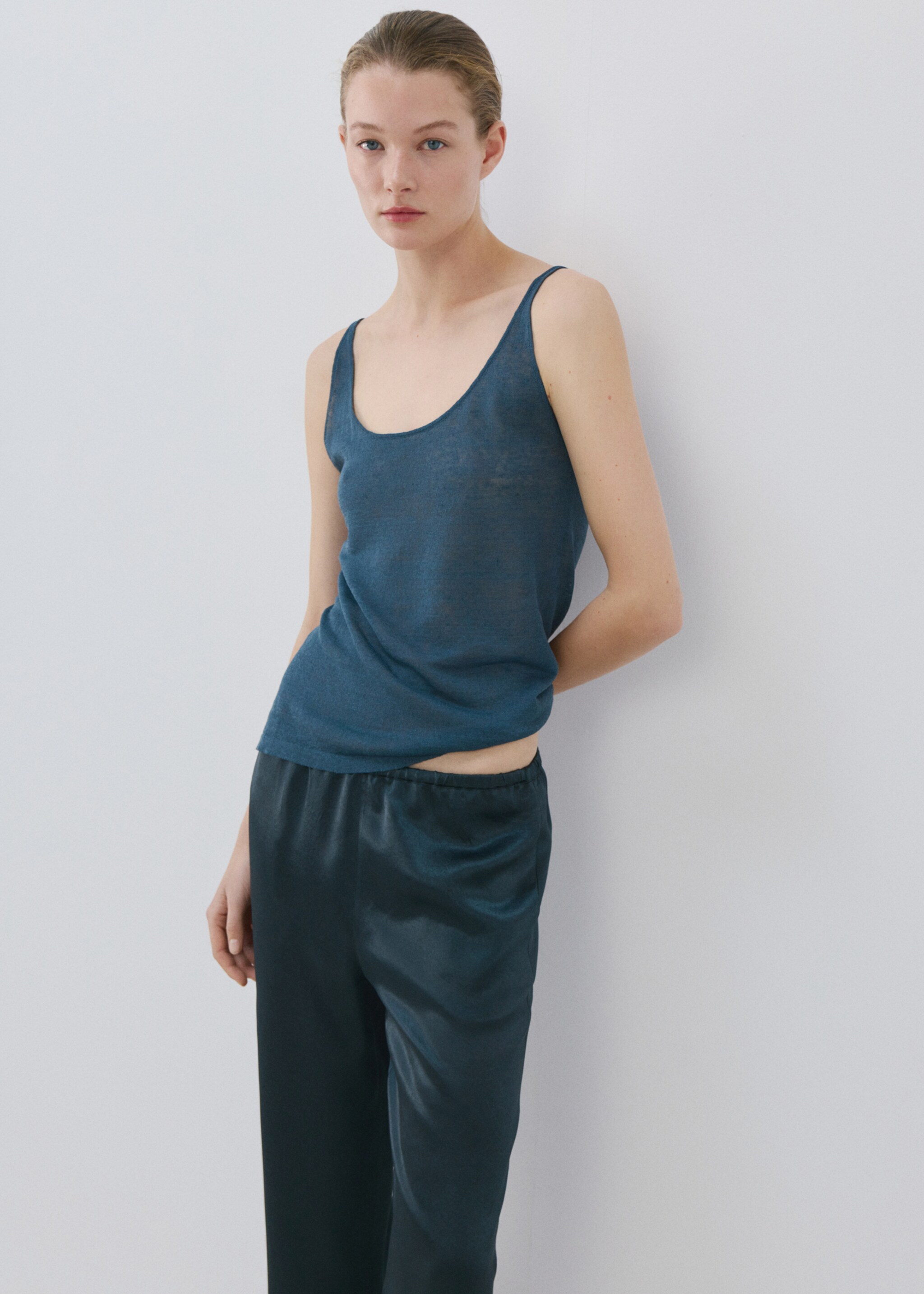 Satin trousers with elastic waist - Details of the article 1, Blue. Ref: 27093312-00.