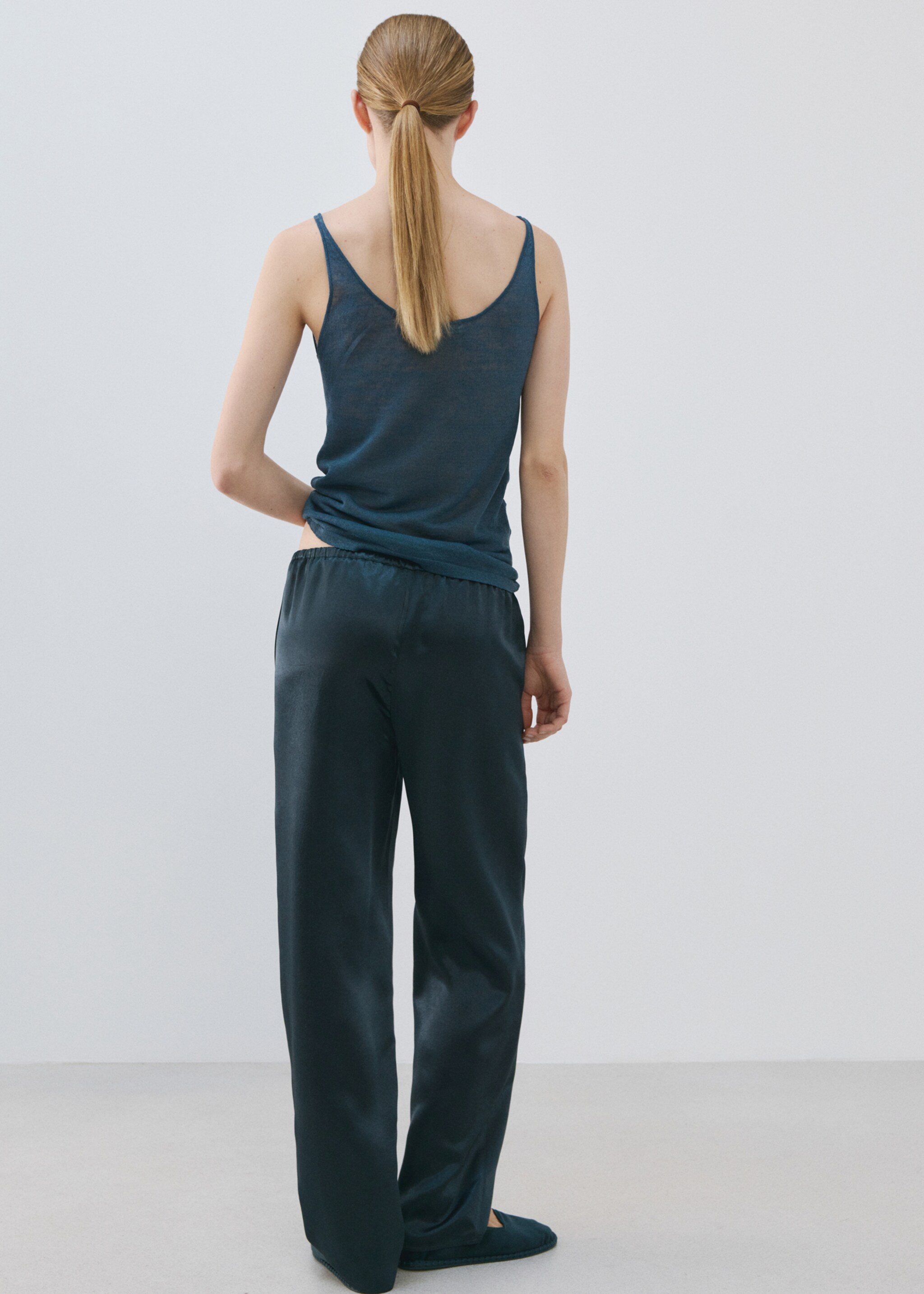 Satin trousers with elastic waist - Reverse of the article, Blue. Ref: 27093312-00.