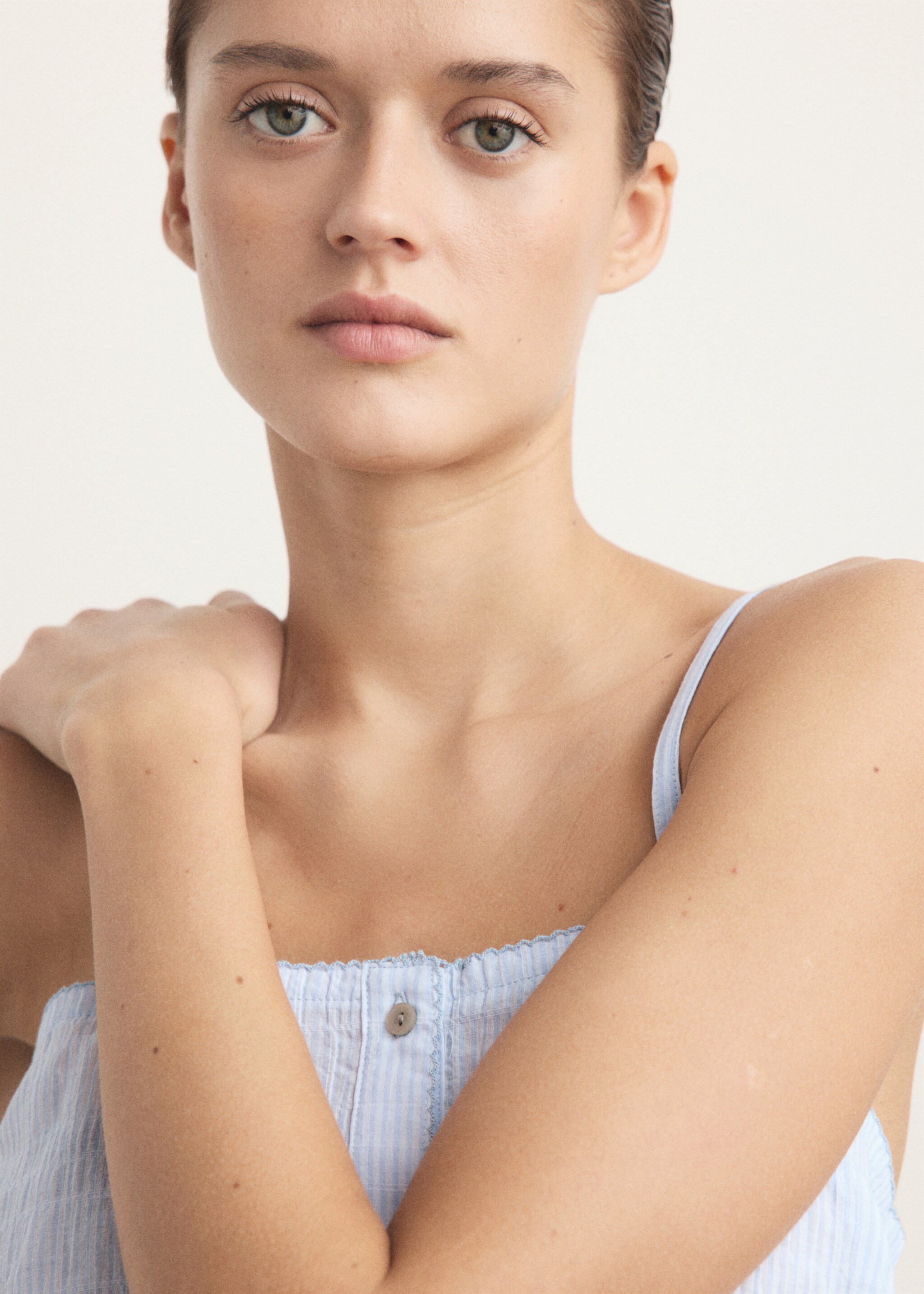 Two-piece cotton pajamas with straps - Details of the article 1, Blue. Ref: 27093326-00.