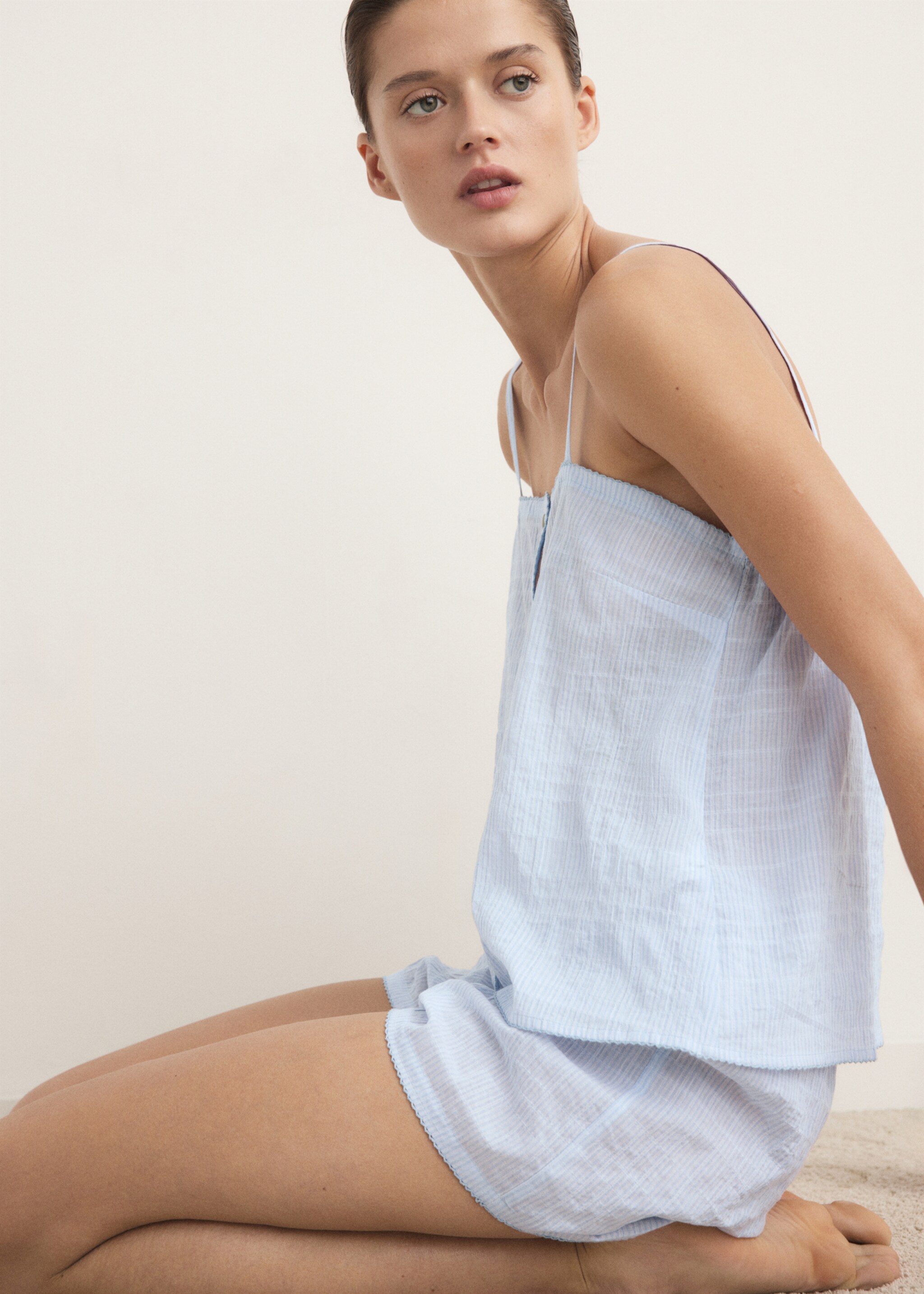 Two-piece cotton pajamas with straps - Details of the article 2, Blue. Ref: 27093326-00.