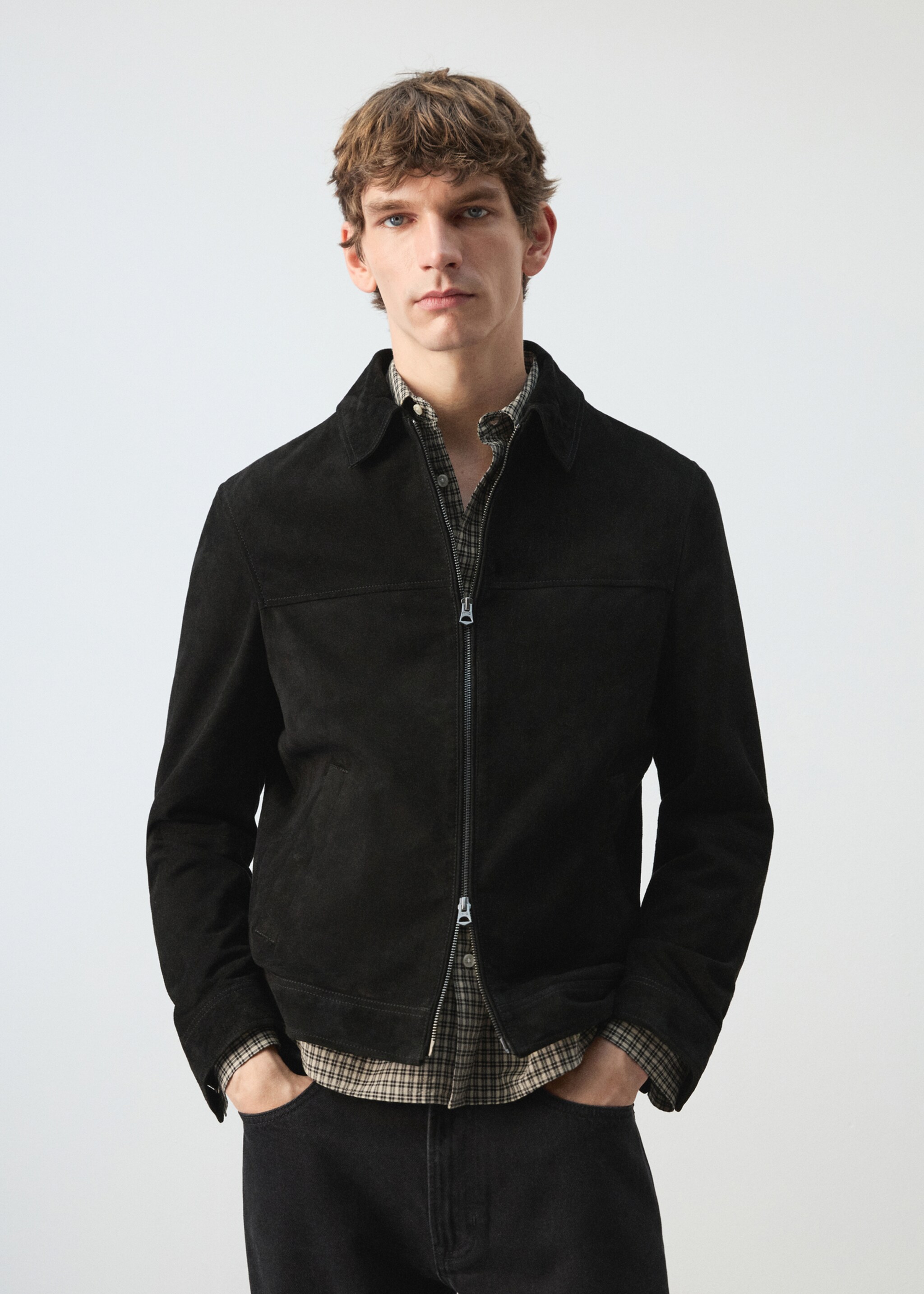 Suede leather jacket with zipper fastening - Medium plane, Black. Ref: 27094405-00.