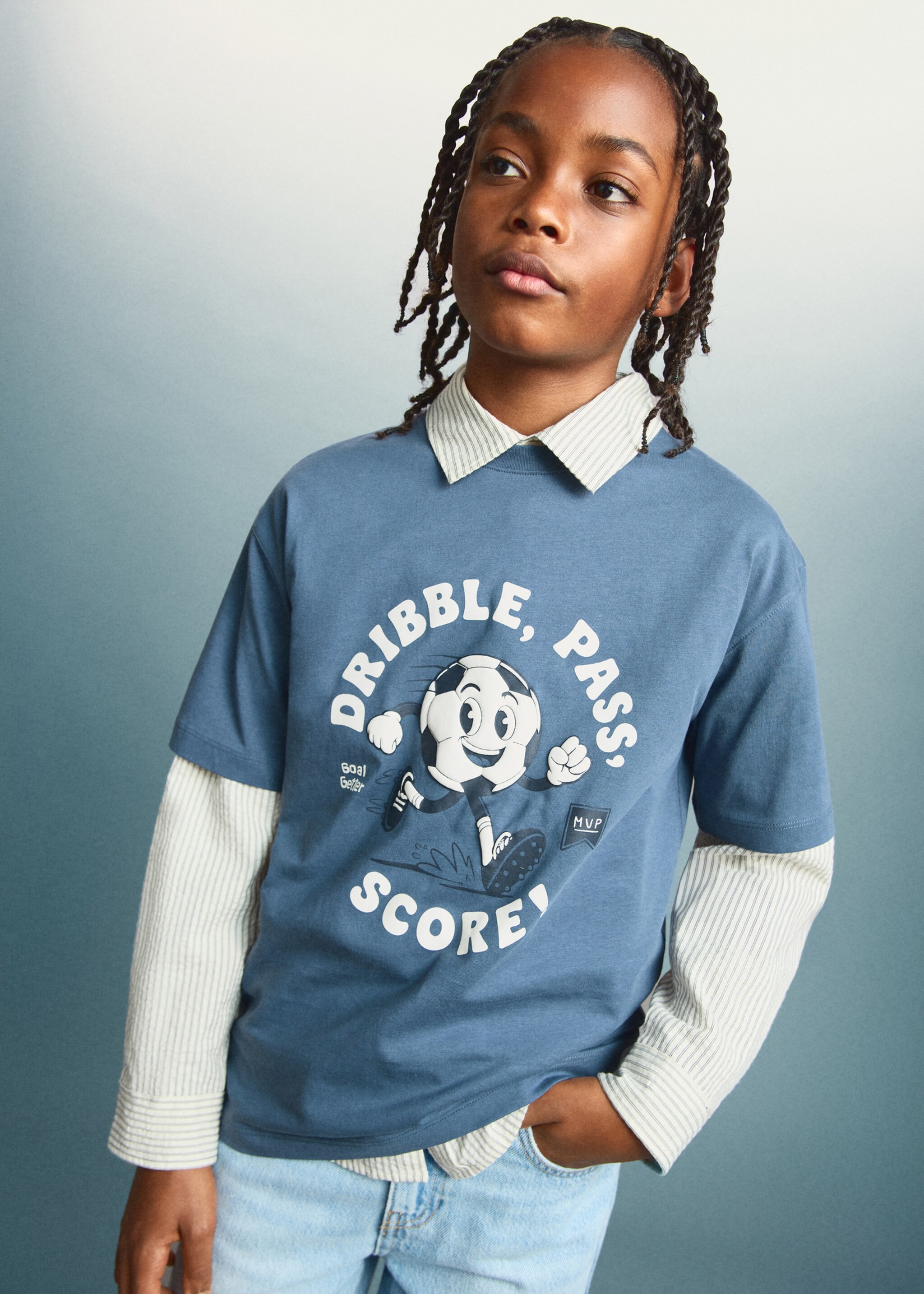 T-shirt en coton imprimé - Plan moyen, Bleu. Ref: 27094410-00.