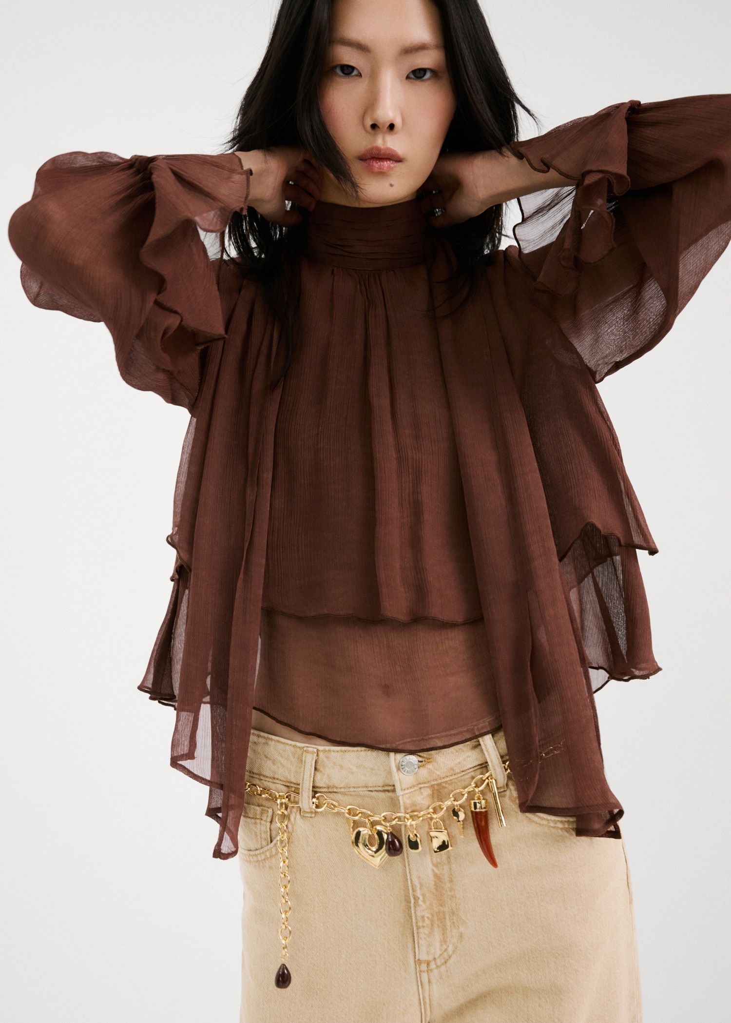 High-neck frilled blouse - Medium plane