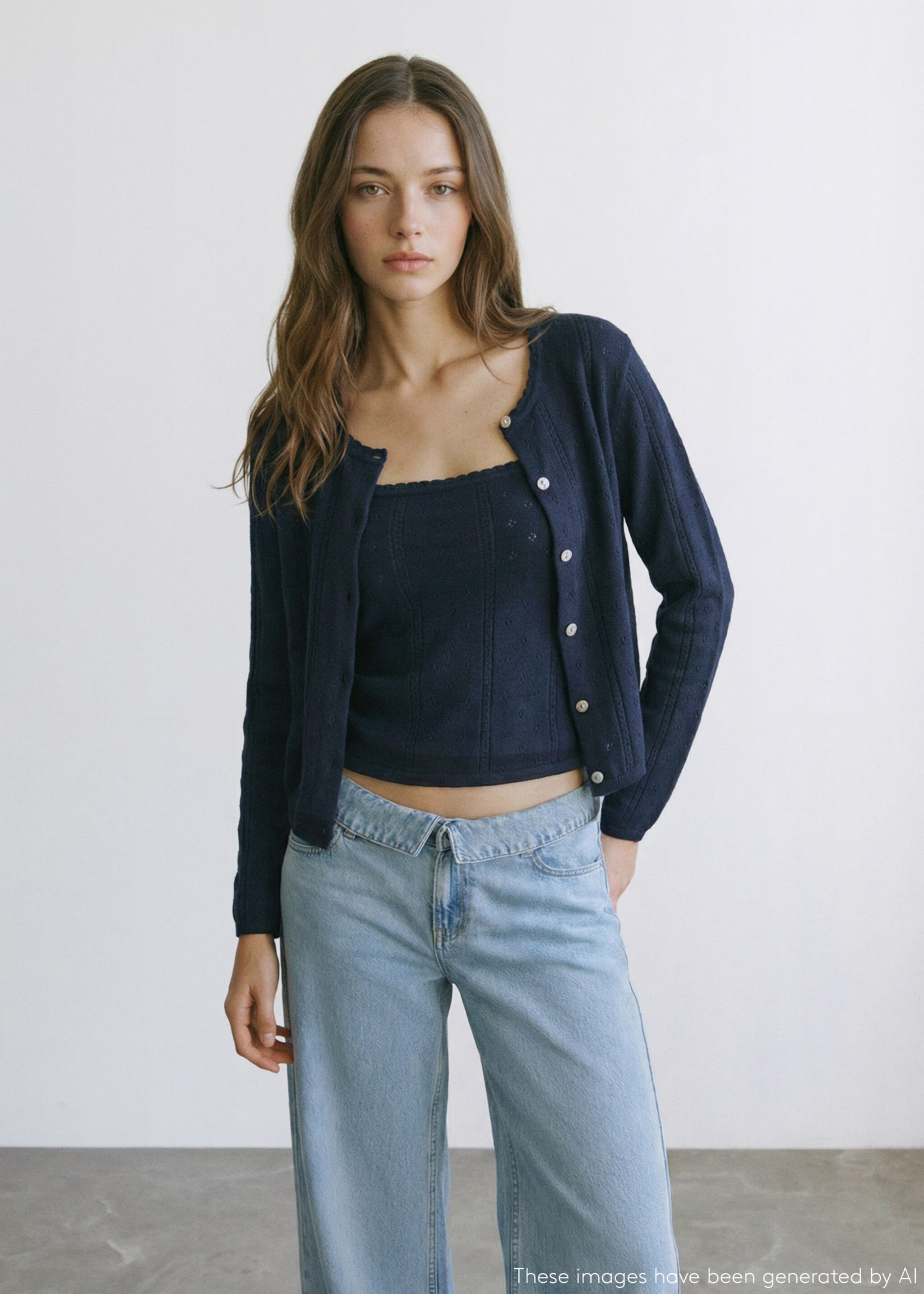 Openwork knit cardigan - Medium plane, Navy. Ref: 27094769-00.