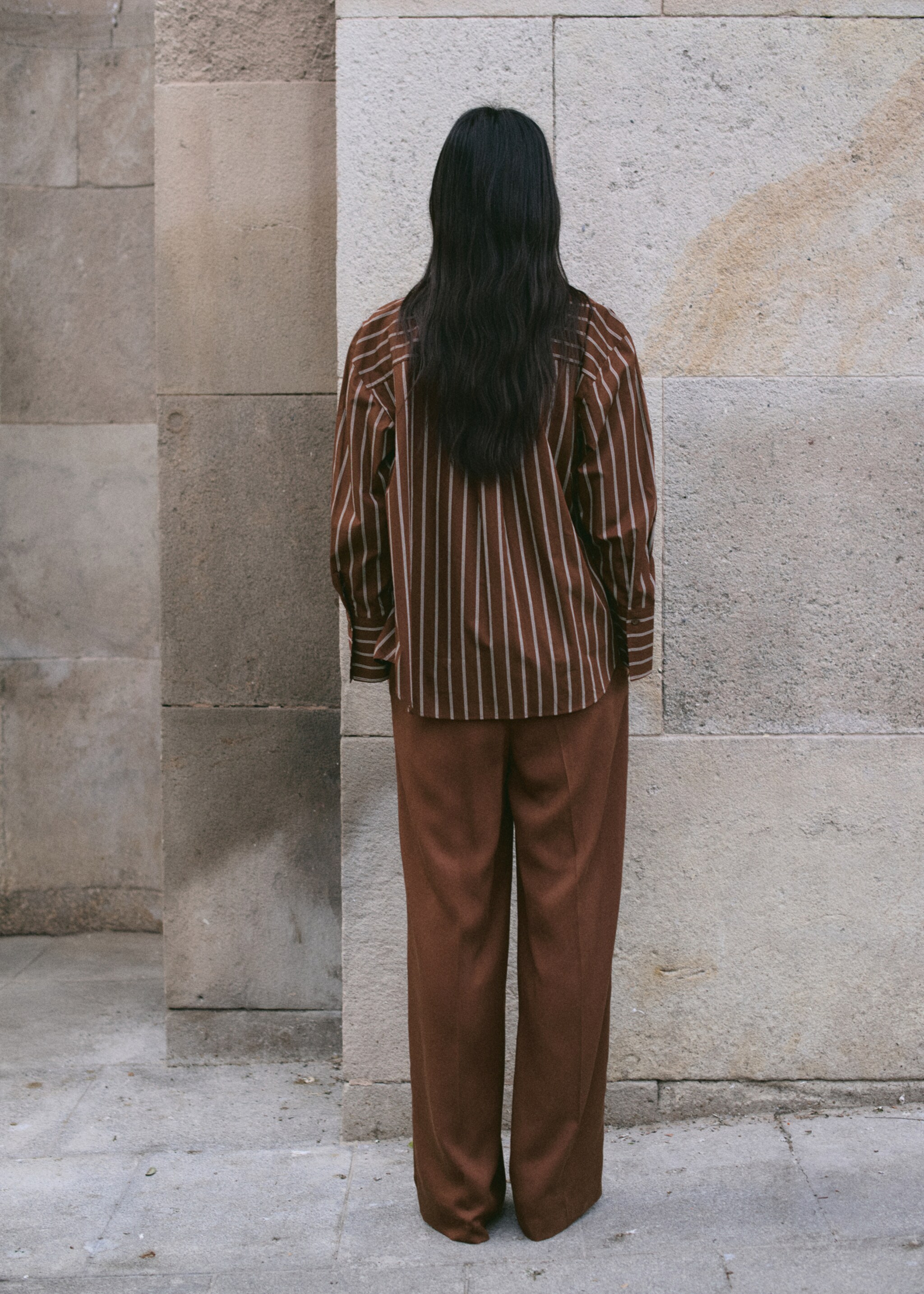 Lyocell pants with combined striped waistband - Reverse of the article, Brown. Ref: 27095164-00.