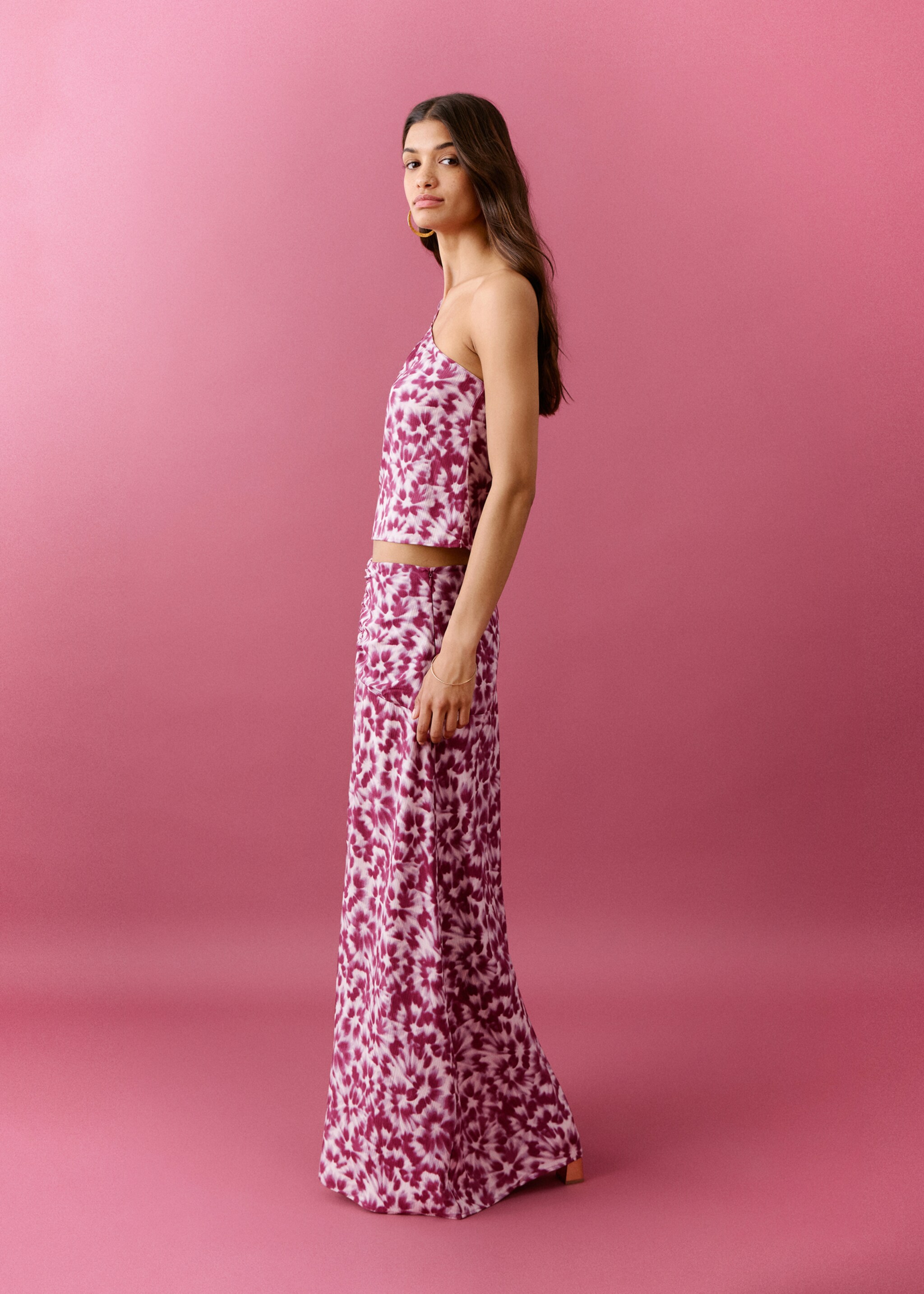 Gathered waist print skirt - Medium plane, Pink. Ref: 27095809-00.