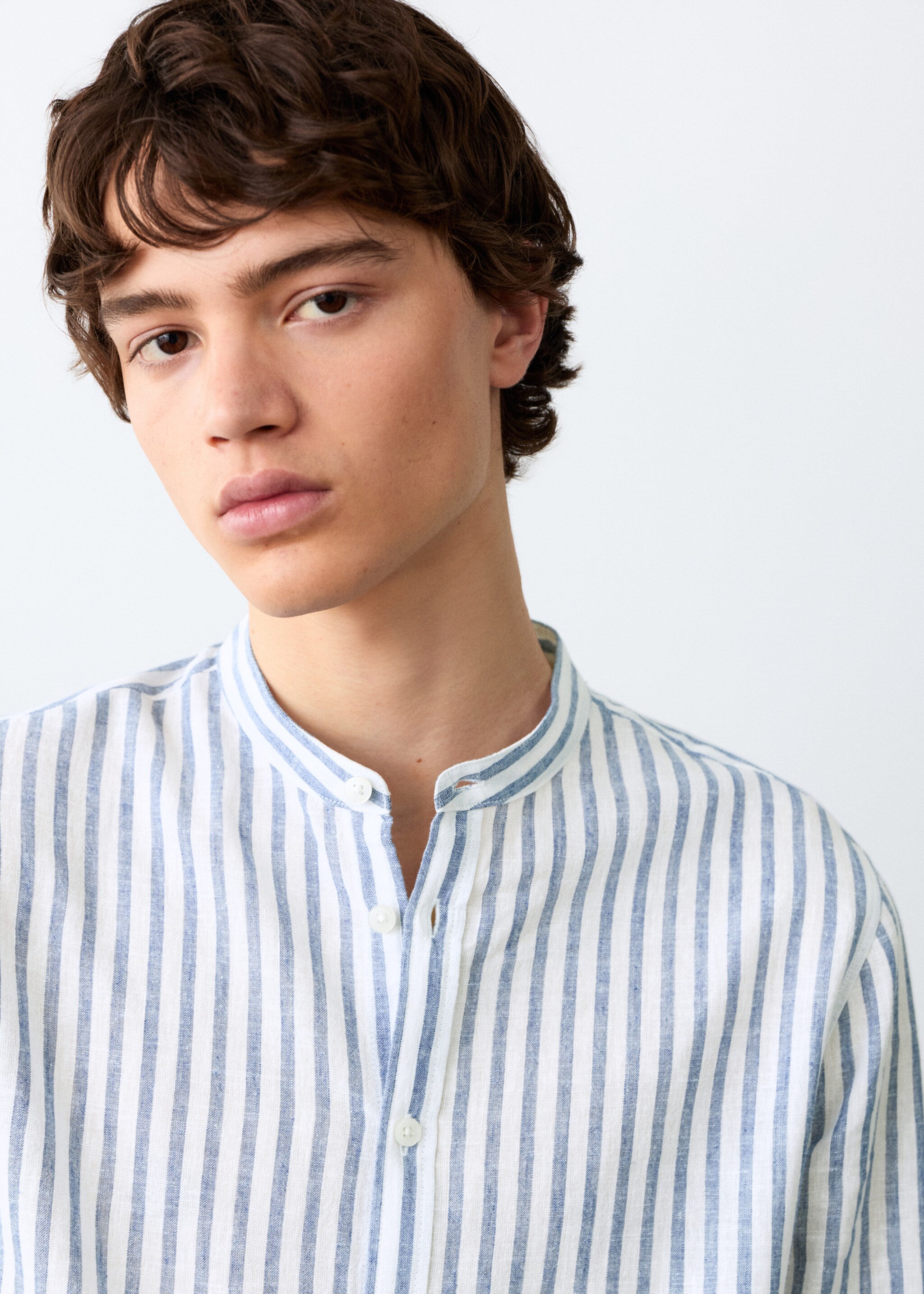 Striped linen-blend shirt - Details of the article 1, Sky Blue. Ref: 27095828-00.