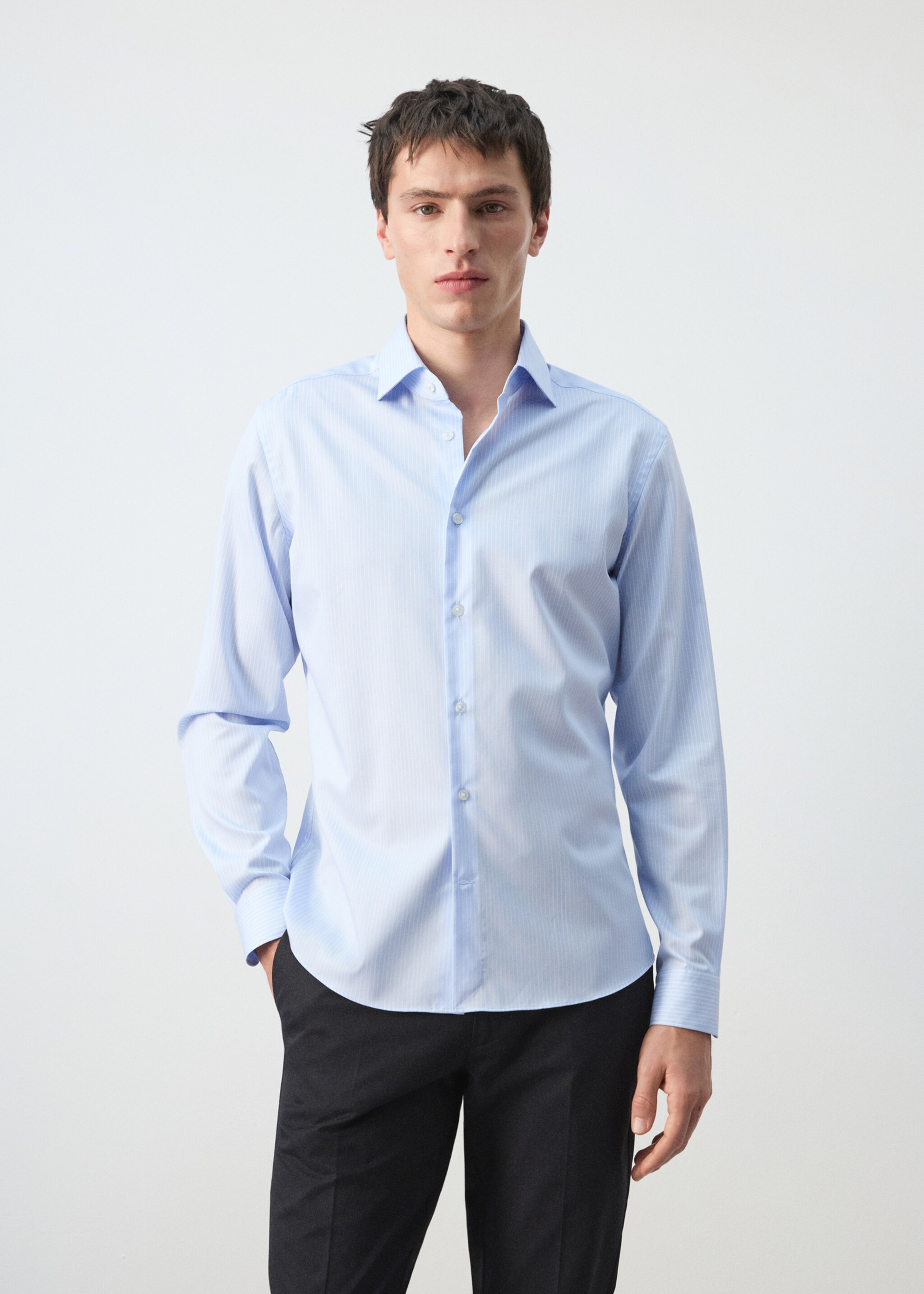 Slim fit striped cotton shirt - Medium plane, Sky Blue. Ref: 27095934-00.