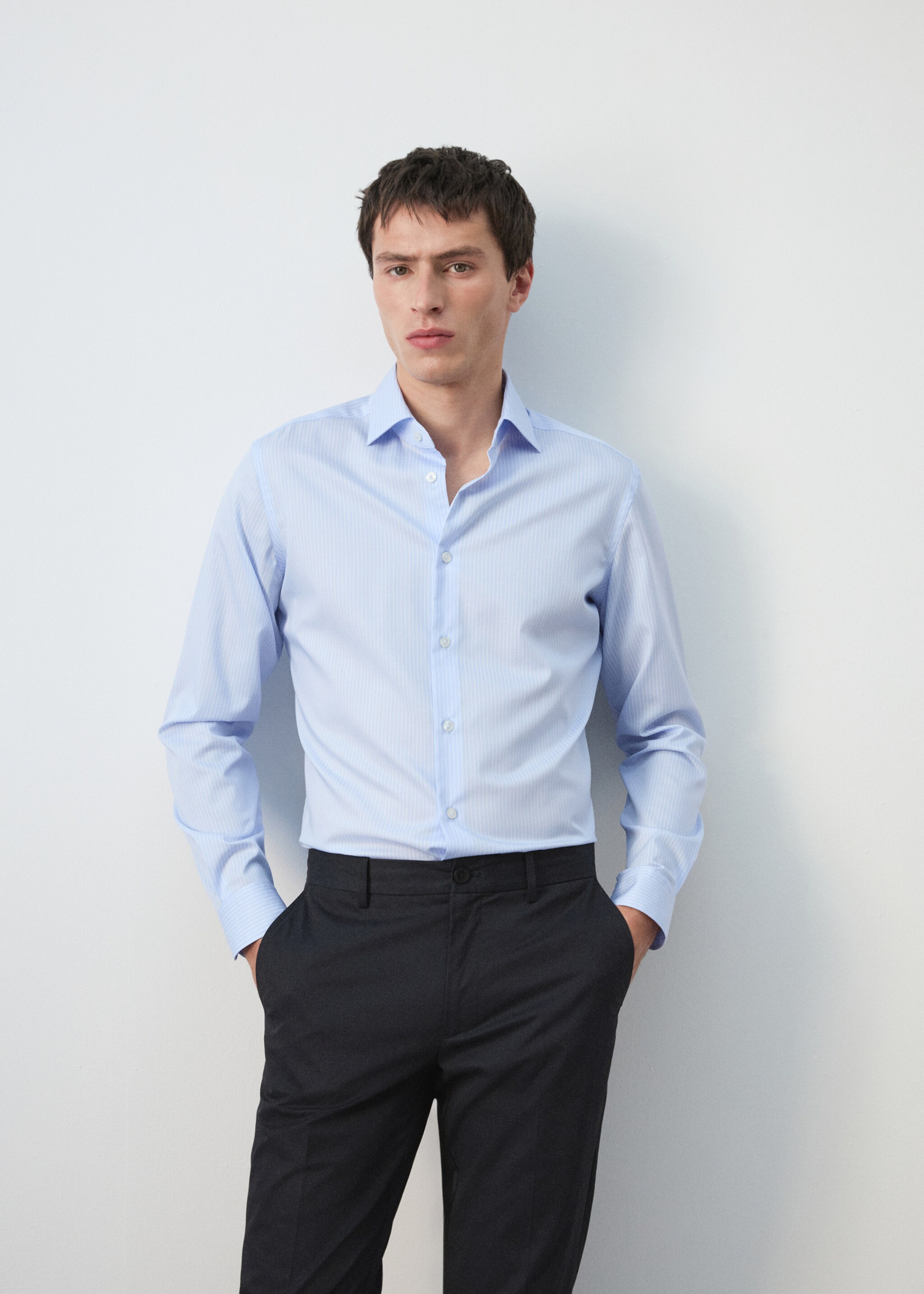 Slim fit striped cotton shirt - Details of the article 1, Sky Blue. Ref: 27095934-00.