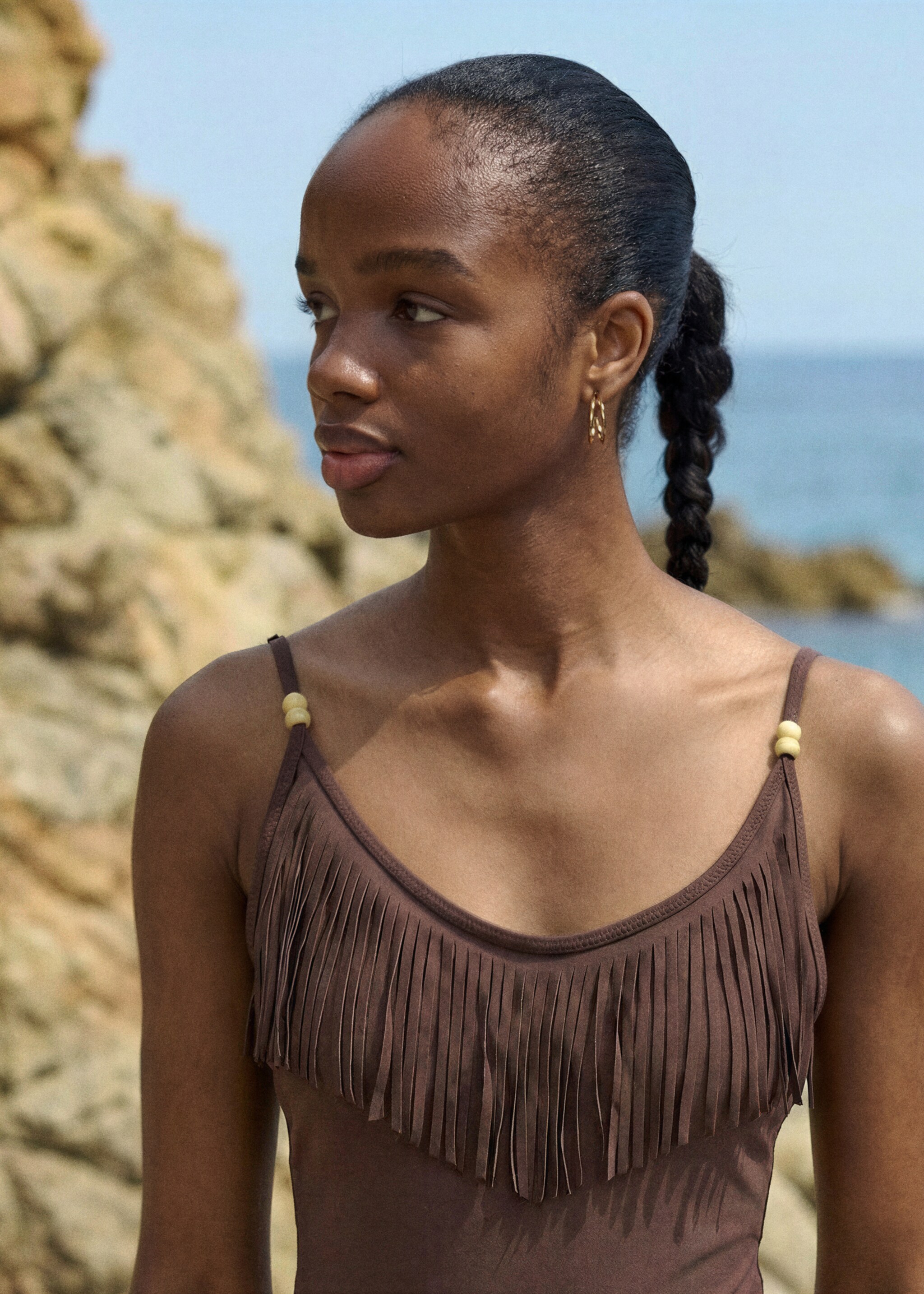 Fringed bikini with mid-rise bottoms - Medium plane, Brown. Ref: 27095943-00.