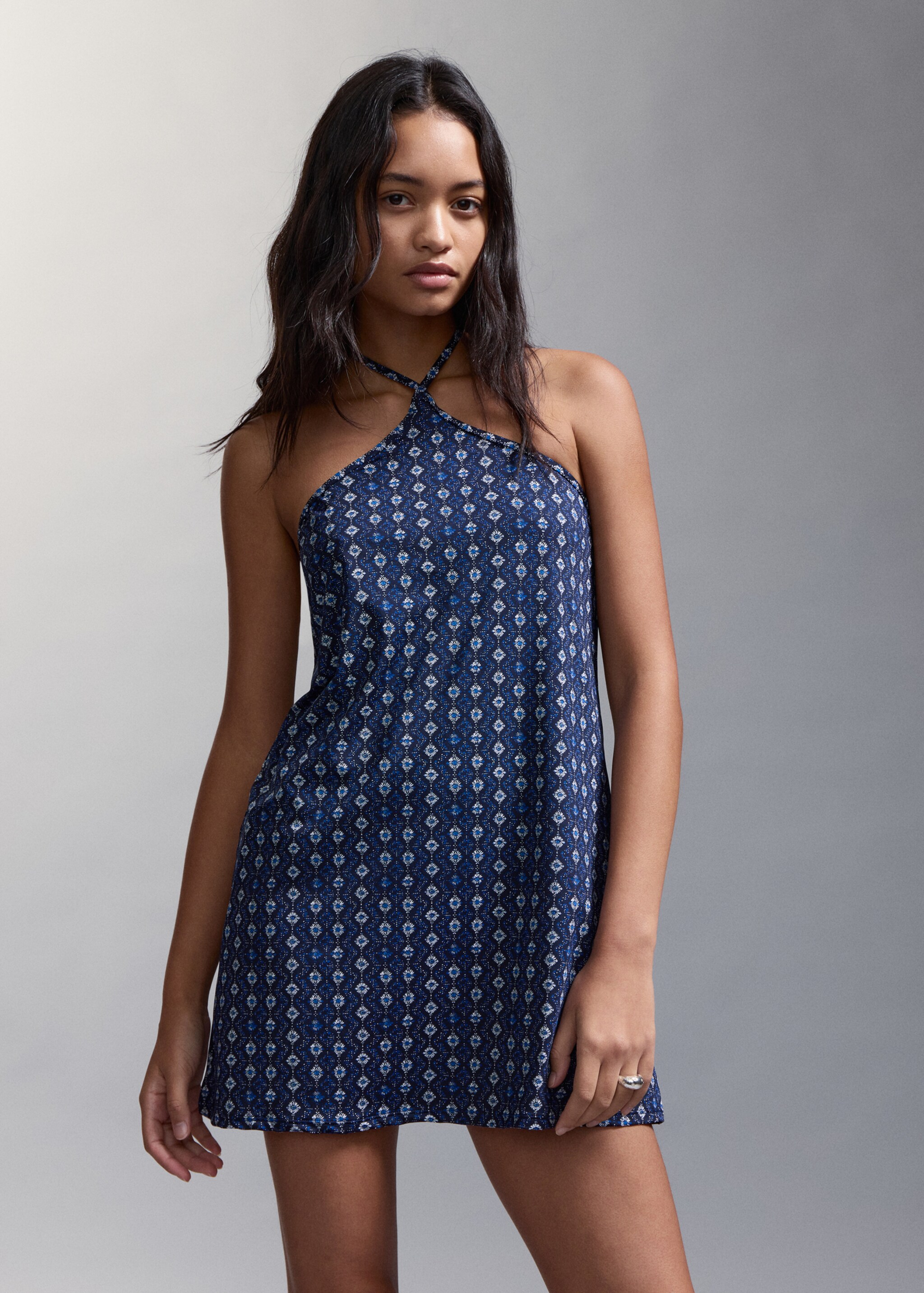 فستان هالتر بنقشة إثنية - رؤية وسط, أزرق غامق. Ref: 27095944-00.