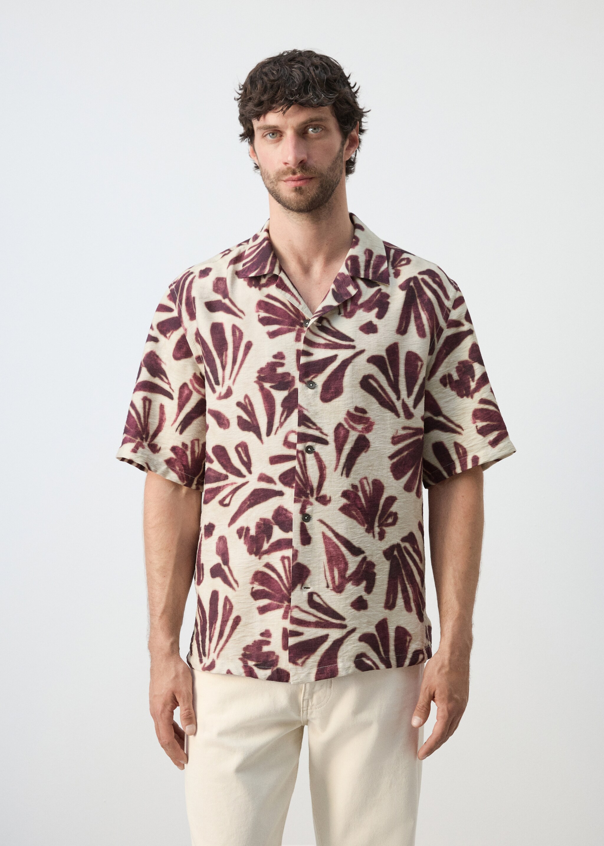 Camisa fluida estampada cuello bowling - Plano medio, Púrpura. Ref: 27095986-00.