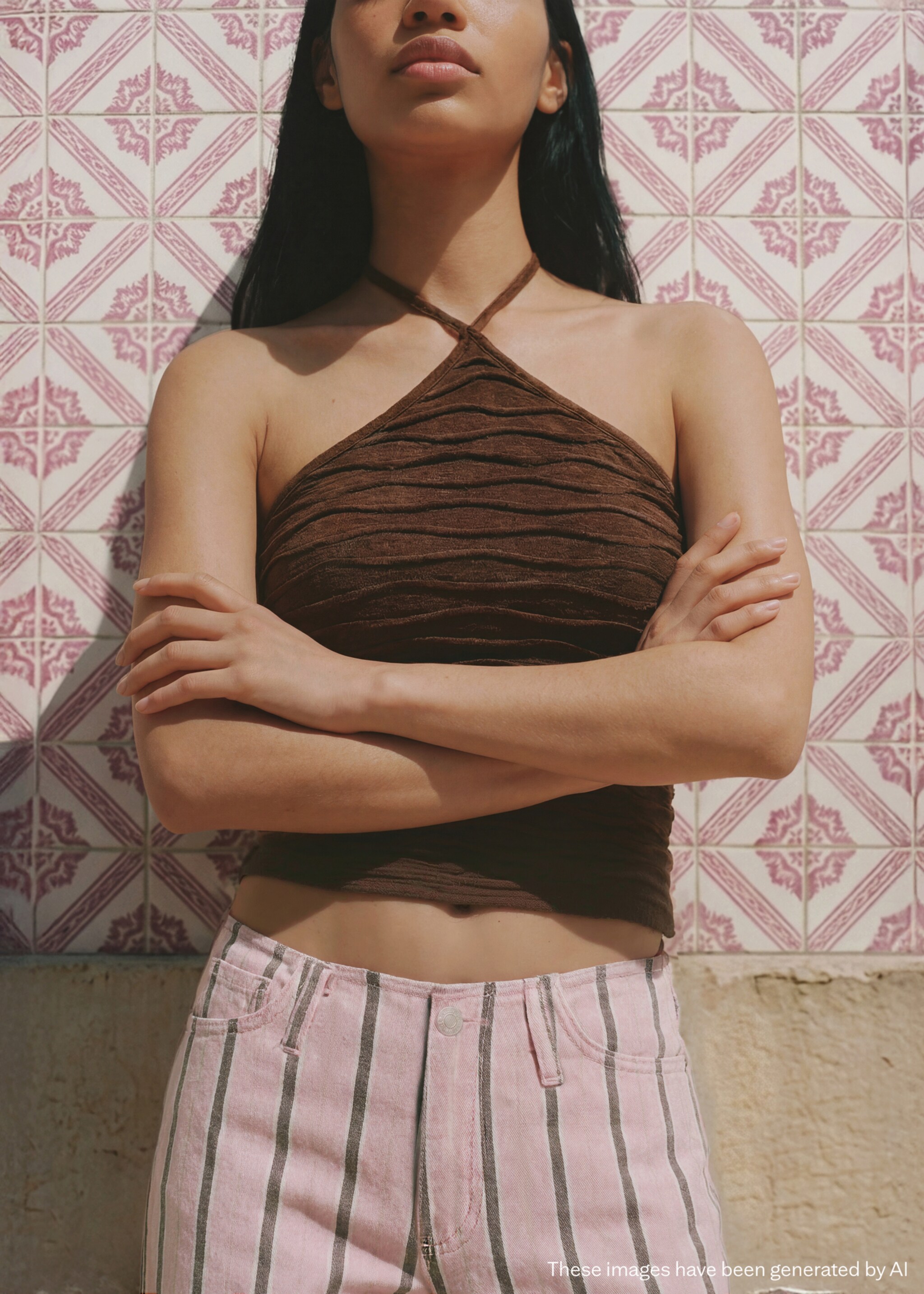 Low-rise striped print jeans - Medium plane, Pastel Pink. Ref: 27096725-00.