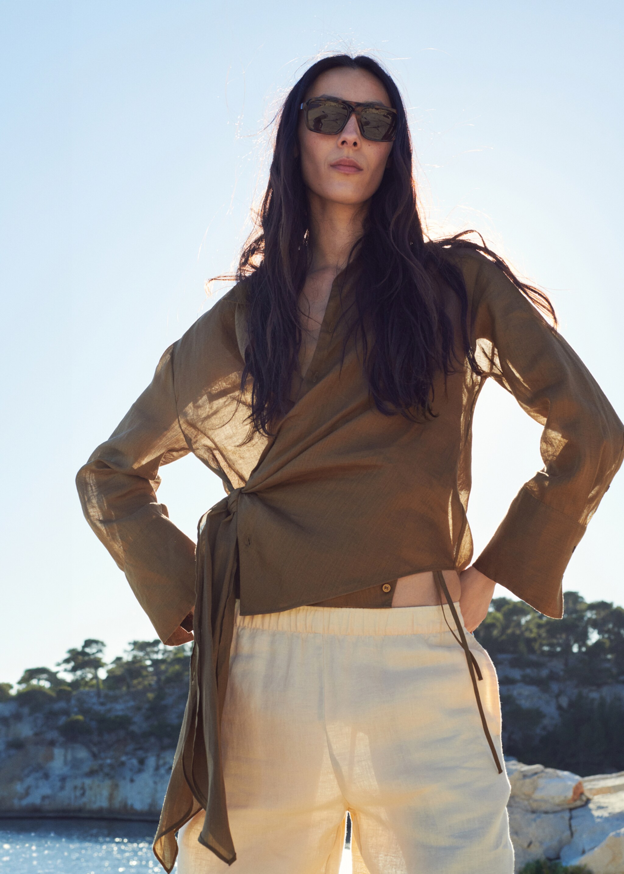 100% ramie tie-front blouse - Medium plane, Brown. Ref: 27097156-00.