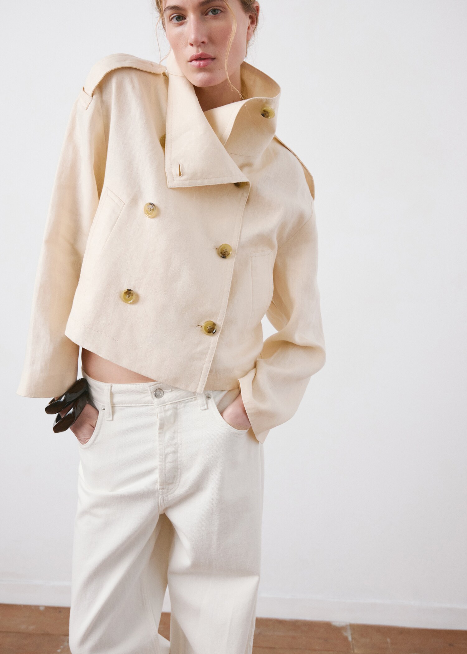 Linen funnel neck trench coat - Medium plane