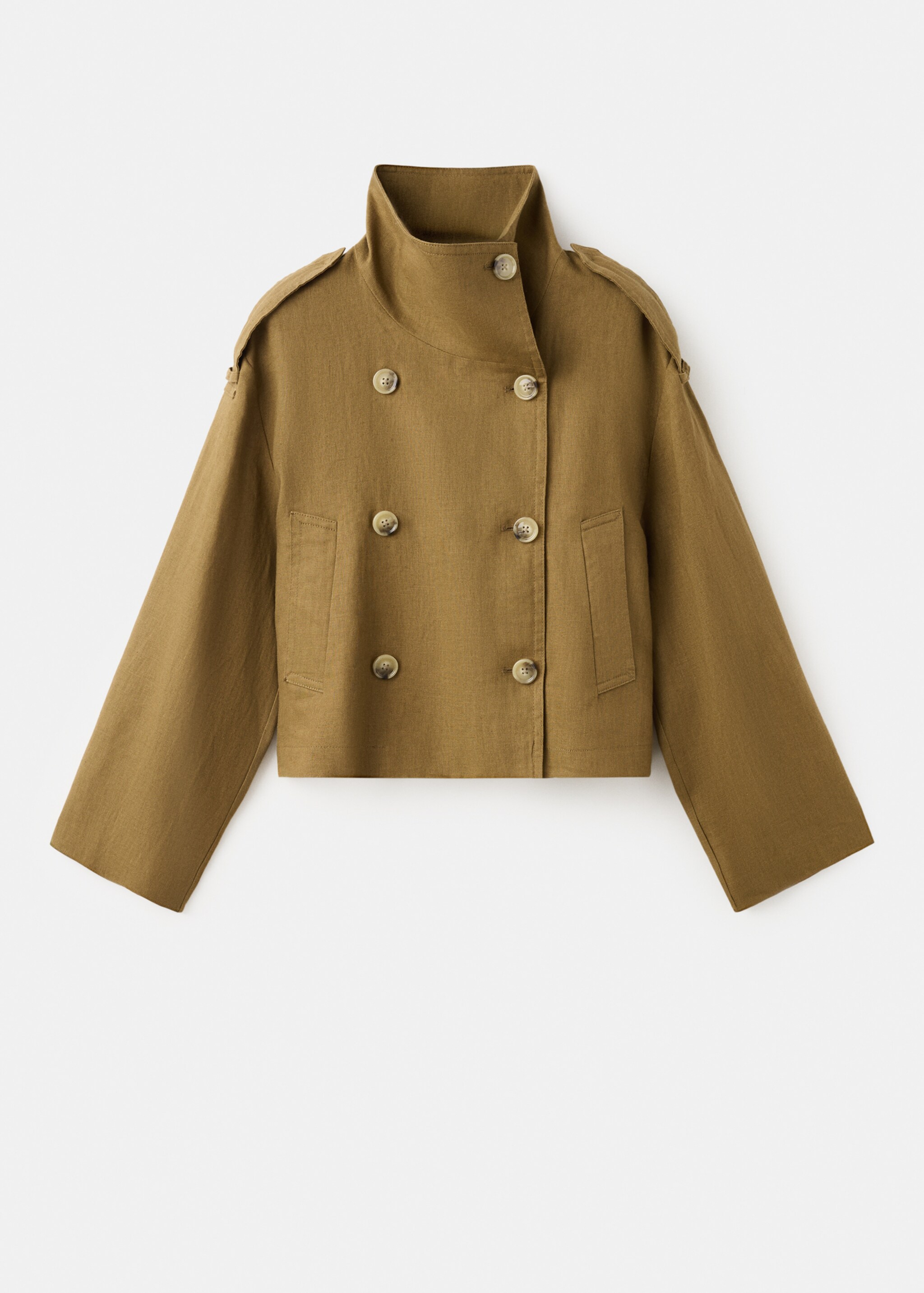 Linen funnel neck trench coat - Article without model, Olive Green. Ref: 27097778-00.