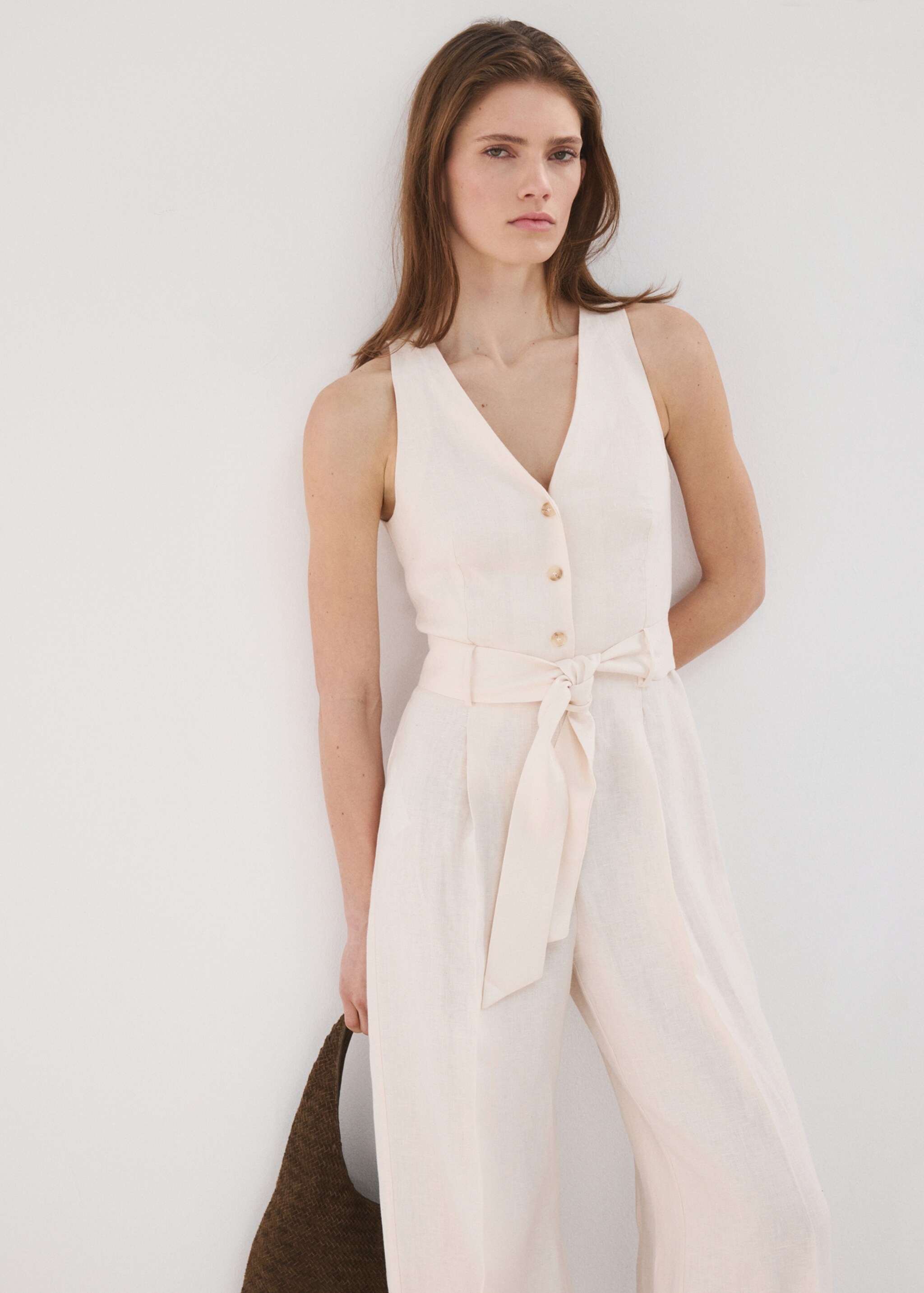 Belt linen jumpsuit - Medium plane, Ecru. Ref: 27097913-00.