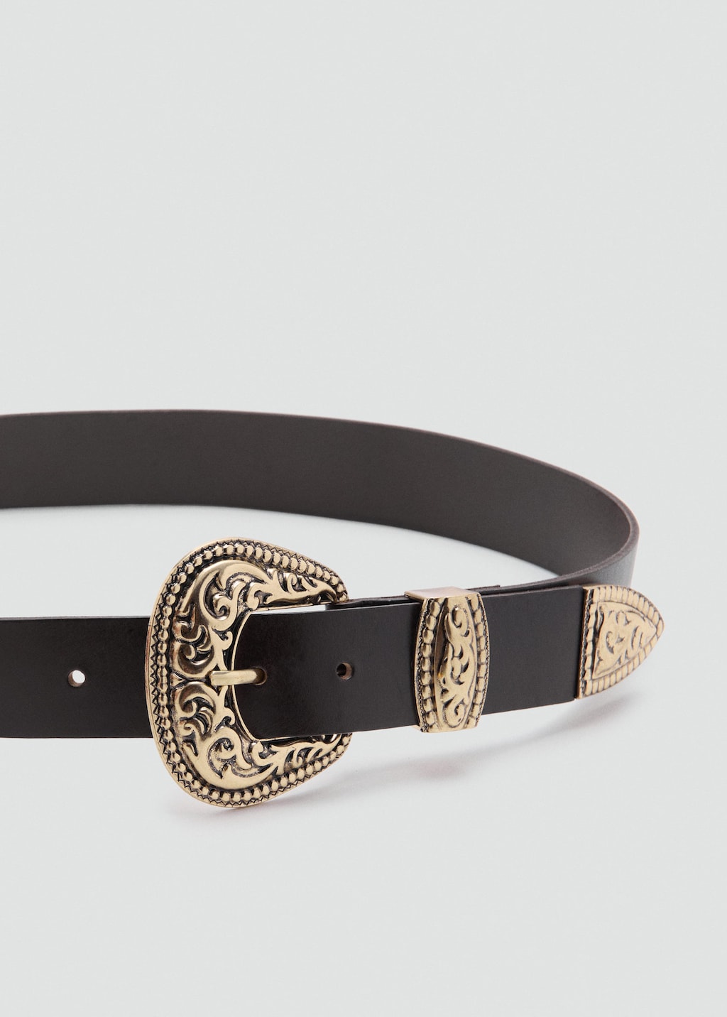 Mango Engraved Buckle Leather Belt Chocolate In Black