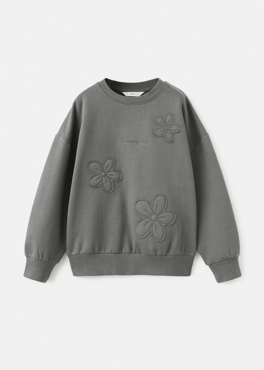 Mango Kids' Cotton Sweatshirt With Embroidered Flowers Charcoal In Gray