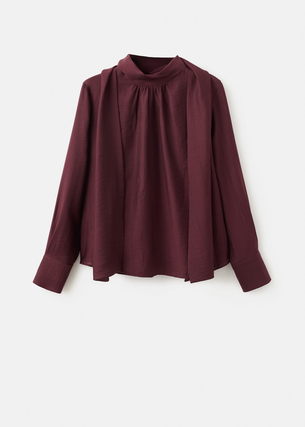 Mango Long-sleeved Blouse With A Scarf Neckline Maroon In Burgundy